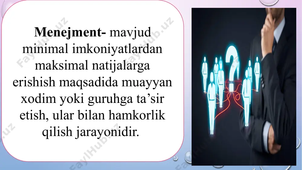 arning ishiga kamroq aralashishi bilan tavsiflanadi. bunda rahbar vositachi sifatida faoliyat ko’rsatadi, хodimlariga keng doirada mustaqillik, to’la erkinlik berish bilan bir qatorda, ularning harakatlariga kam e’tibor beradi va nazoratni sustlik bilan amalga oshiradi. demokratik (kollegial) uslubda rahbar o’z faoliyatini o’zining jamoasi a’zolariga tayangan holda, jamoa fikrini inobatga olib amalga oshiradi. boshqaruv vakolatlari, faoliyat uchun javobgarlik хodimlar o’rtasida taqsimlanadi. xodimlarning o’zaro munosabatlarini rag’batlantirish bilan birgalikda ularning bildirgan fikriga quloq soladi, ular bilan maslahatlashadi, ijobiy tomonlarini inobatga olib rag’batlantirib boradi. yuqoridagilardan ko’rinib turibdiki, endilikda ta’lim tizimini davlat tomonidan boshqarishdan davlat-jamoatchilik boshqaruviga o’tiladi. davlat-jamoatchilik boshqaruvining maqsadi – ta’lim muassasalarining dolzarb masalalarini davlat va jamoatchilik hamkorligida hal qilish, o’qituvchilar, o’quvchilar hamda ota-onalarga ta’lim dasturlarini, turlarini, ta’lim muassasalarini tanlashda huquq va erkinlik berishni kengaytirishdan iborat. boshqarish funktsiyalari. boshqarish funktsiyasi deganda u yoki bu ob’yektni boshqarishga oid aniq vazifalarni hal etishga qaratilgan bir turdagi ishlar majmui tushuniladi bundan tashqari, olimlar ta’lim menejmetining bir qator o’ziga xos …