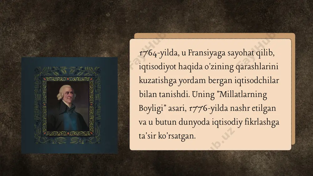 oiy munosabat larini aks ettiradi va bir tovarning ikkinchisiga munosabati almashuv qiymati orqali aniqlanadi. ekvivalentlik tovar almashuvining qonuni: bir xii miqdordagi mehnat aks etgan tovarlar almashadi. shundan smit tovar ishlab chiquvchi bir tovarni boshqasiga almashganda keng rniqdordagi mehnatni sotib oladi, shu sababli tovar qiymatini sarflangan va sotib olingan mehnat bilan bab-baravar aniqlash mumkin, degan xulosa chiqaradi. bu holda qiymat o'lchovi deb ish vaqti o'miga mehnatning almashuv qiymati keltiriladi. a.smitning bu nazariyasida katta ziddiyatlar mavjud. u ba'zida kapitalga to'g'ri baho berib, u yollanma mehnatni ekspluatatsiya qilish tufayli foyda keltiruvehi qiymatligini aytadi. boshqa hollarda bu ishlab ehiqarish vositalari zaxirasi bo'lib, ishlab ehiqarish jarayonini davom ettirish uehun kerak deyilgan. fiziokratlar faqat qishloq xo'jaligida ishlatiladigan kapitalni unumli deb atagan bo'lsalar, smit sanoat va savdo kapitalini ham unumli deb uqtiradi. e`tiboringiz uchun rahmat image1.jpeg image2.png image3.png image4.png image5.jpeg image6.png image7.png image8.png image9.jpeg image10.png image11.png image12.png image13.png image14.png image15.png image24.png image16.png image17.jpeg image18.png image19.jpeg image20.png image21.svg …