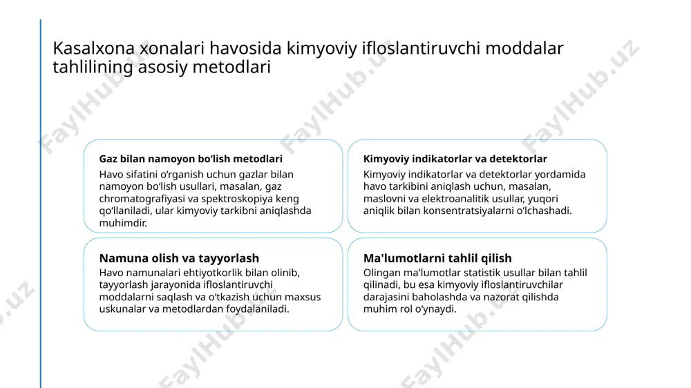 q uchun xavfli moddalar formaldegid, benzen va voclar kabi kimyoviy moddalar inson sog‘ligiga zararli bo‘lib, ularni aniqlash va monitoring qilish asosiy vazifadir. 3 himoya choralari va strategiyalar havo tozalash uskunalari, ventilyatsiya va muhofaza kiyimlari yordamida antropogen kimyoviy ifloslanish xavflarini kamaytirish va inson salomatligini himoya qilish mumkin. kasalxona havosini muhofaza qilish uchun xavfsizlik strategiyalari va amaliy tavsiyalar havo filtrlash tizimlari samimiy havo sifatini ta'minlash uchun ilg'or havoni tozalash texnologiyalari va filtrlar o'rnatilishi, kimyoviy ifloslantiruvchilarni kamaytiradi. ventilyatsiya va havoni aylantirish to‘g‘ri ventilyatsiya yordamida havoni yangilash, kimyoviy moddalar konsentrasiyasini nazorat qilish va muhitni xavfsizroq qilish imkonini beradi. xodimlar va bemorlar uchun xavfsizlik xavfsizlik qoidalariga qat’iy rioya qilish, shaxsiy himoya vositalari va treninglar yordamida insonlar xavfsizlik darajasini oshirish mumkin. kasalxona havosini kimyoviy ifloslantiruvchi moddalarning aniqlash va o‘lchash usullari kimyoviy indikatorlar va usullar havo sifatini baholash uchun gaz chromatografiyasi, spektrofotometriya va atomik yondashuvlar keng qo‘llaniladi, bu usullar yordamida ifloslantiruvchi moddalar aniq aniqlanadi. namuna olish va …