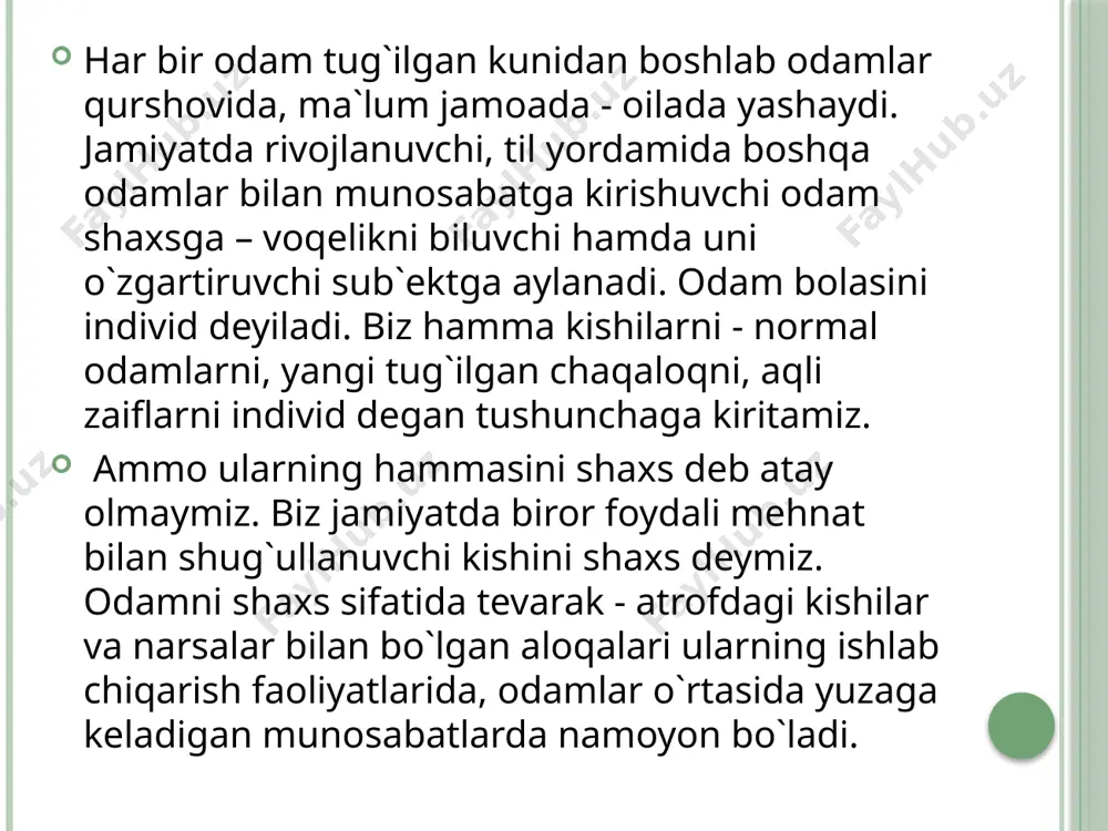 iradi: “odam o`zining avlodlaridan nasliy yo`l bilan o`tgan instinktiv mayllarning namoyon bo`lishi tufayli faoldir. instinktiv mayllar asosan jinsiy instinktlar shaklida namoyon bo`ladi”. freyd shaxsning faolligini jinsiy mayllar bilan bog`laydi. shaxsning faolligini hozirgi zamon ilmiy psixologiyasi to`g`ri hal qilib beradi. ularning fikricha, inson shaxsiy faolligining asosiy manbai uning ehtiyojlaridadir. odamning ehtiyojlari faollik ko`rsatishga undaydi. ehtiyoj - shaxs faolligining manbai sifatida namoyon bo`ladigan va uning aniq yashash sharoitiga bog`liqligini ifodalovchi holatdir. ehtiyojlar paydo bo`lishiga ko`ra, moddiy (tabiiy) va ma`naviy (madaniy) ehtiyojlarga bo`linadi. moddiy ehtiyojlarga uxlash, jinsiy yashash, ovqat eyish, issiq va sovuqdan saqlanish, uy - joyga bo`lgan ehtiyojlar kiradi. ma`naviy ehtiyojlarga kishilarning ijtimoiy ong mahsulotlariga bo`lgan muhtojligi kiradi. bunday ehtiyojlarga - o`zaro suhbatlashish, kitob o`qish, kino - teatr tomosha qilish, musiqa tinglash kabilar kiradi. biz moddiy ehtiyojlarimizni madaniy ehtiyojlar asosida qondiramiz. moddiy va ma`naviy ehtiyojlar albatta qondirilishi shart. inson shaxsining faolligi uning qiziqishlarida ham namoyon bo`ladi. qiziqish- shaxsning oliy nerv faoliyatidagi narsa …