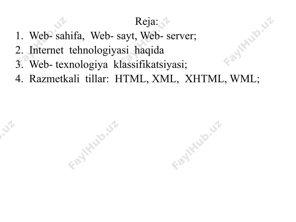 oslashtiradi. web sеrvеrda web- sahifa va web- saytlar saqlanadi. web- serverda mijoz kompyuteri tizimini tashkil qilishning umumiy tamoyillari nuqtai nazaridan mijozserver tehnologiyalari ishlatiladi. hozirgi kunda oddiy web- serverni yaratish tehnologiyasini ancha oddiy vazifa de b hisoblasa bo’ladi. asosiy qiyinchilik server sahifasini badiiy bezashdan iborat. 2. internet tehnologiyasi haqida tcp (t ransmission control protocol). qabul qiluvchi va uzatuvchi kompyutеrlarning mantiqiy bog ’lanishga asoslangan ma'lumotlar uzatishini qo’llab - quvvatlovchi qaydnoma. ip (in ternet protocol)- ma'lumotlar uzatishni ta'minlaydi biz internet tarmog’idagi web-sahifalarni ko’rishimiz uchun www (world wide web) deb ataluvchi servisdan foydalanamiz. world wide web (www, butun dunyo o’rgimchak to’ri) - bu klient-server texnologiyasi asosida tashkil etilgan, keng tarqalgan internet xizmatidir. www (world wibe web) - bu qanaqadir internetdan ajratilgan ma'lum bir joy emas, kompyuter aloqa o’rnatadigan biror nima ham emas. butunjahon o’rgimchak to’rini internet doirasidagi xizmat deyish to’g’riroq. web-serverlar deb ataluvchi ma'lum protokollardan, kompyuterlardan foydalanish orqali (chunki ular tarmoqqa ulangan va server …
