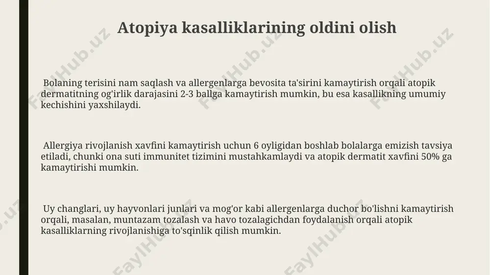 a sezilarli ta'sir ko'rsatadi. immun tizimining noto'g'ri javobi, ya'ni t-hujayralarining th2 subpopulyatsiyasi faollashuvi va ige antitellarining ortiqcha hosil bo'lishi atopiya rivojlanishiga olib keladi. e'tiboringiz uchun rahmat @taqdimot_robot