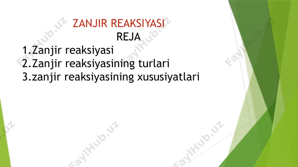 ksiya to‘xtaydi. 2. zanjir reaksiyasining turlari zanjir reaksiyalari — bu kimyoviy jarayonlar bo‘lib, ular birinchi mahsulotdan keyingi reaksiyalarni keltirib chiqarib, zanjir kabi davom etadi. har bir zanjir reaksiyasi o‘zining o‘ziga xos xususiyatlariga ega. zanjir reaksiyalari asosiy 4 turga bo‘linadi. 1.ekin redikal zanjir reaksiyasi bu turdagi reaksiyada erkin radikallar (juftsiz elektronlarga ega zarrachalar) ishtirok etadi. radikallar bir-biriga qarshi reaksiyaga kirishib, yangi radikallar hosil qiladi. 2.lonli zanjir reaksiyasi bu reaktsiyalar ionlar (musbat yoki manfiy) ishtirokida bo‘ladi. ionlar bir-biriga qarshi reaksiyaga kirishib, yangi ionlarni hosil qiladi. 3.yadro zanjir reaksiyasi bu turdagi zanjir reaksiyalarida atom yadrolari bo‘linadi va neytronlar hosil bo‘ladi. ushbu neytronlar boshqa atom yadrolarini bo‘lib, yangi bo‘linishlarni keltirib chiqaradi. yadro bo‘linishi: uran-235 yadrosining bo‘linishi. bu jarayonda neytronlar ajraladi va ular boshqa uran yadrolarini bo‘lishga olib keladi. jarayon qanday ishlayshi 1.yadro bo‘linishi masalan, uran-235 yadrosi neytron bilan to‘qnashganda bo‘linadi va bu natijada katta miqdorda energiya ajraladi. 2.netronlar ajralishi har bir bo‘linishda odatda 2-3 …