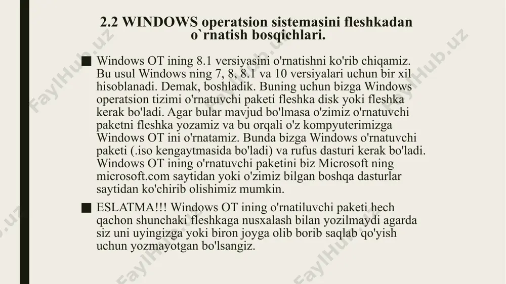 siz shulardan o’zingizga keragini birinchi o’ringa qo’yasiz, birinchi o’rinda turgani esa tanlangan qurilmaning o’rnini egallaydi. yangiroq turdagi bios larda esa bu amaliyot f5 va f6 tugmalari (yoki boshqa f tugmalarda) amalga oshiriladi. ya’ni, siz o’zingizga kerakli disk/fleshka nomini belgilaysiz va yo f5 (past) yo f6 (tepa) tugmalarini bosgan holda tartibini o’zgartirasiz. boshqa turdagi bios larda (“post” yoki “boot”) bu boshqacha tarzda amalga oshirilishi mumkin (f1 va f2; “+” va “-” va boshqacha tarzda) . biz bios ni sozlamasini sozladik endi fleshkani kompyuterga ulaymiz va kompyuterni yoqamiz. qora ekranimiz chiqishi bilan istalgan klaviaturani klavishlaridan biri bir necha bor bosamiz bizda windows ni qaysi tilda o’rnatish haqida so’rov chiqadi. shuni tanlab so’ng «next» tugmasini bosamiz bu oynada «install» now tugmasini bosamiz so'ngra biz «лицензионное соглашение» ga qabul qilaman deb galochkani belgilaymiz va «next» tugmasini bosamiz bu yerda windows ni o’rnatish boyicha turini tanlimiz. bizga boshidan o’rnatish kerakligi sababli biz «выборочная» ni tanlimiz …