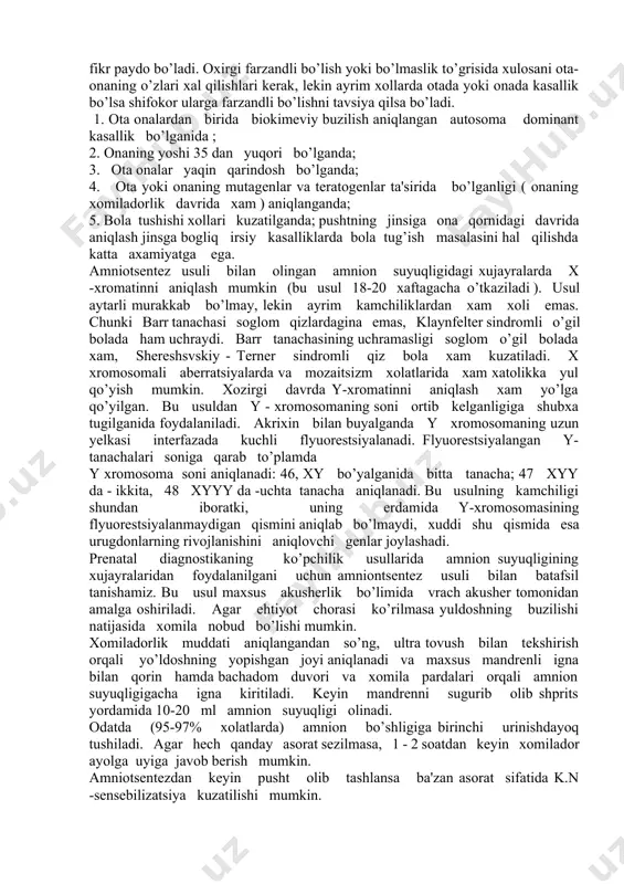 rish shifokor tomonidan bir necha bosqichga bo’linadi. maslaxatning birinchi bosqichida kasallikning irsiy yoki irsiy emasligi o’rganilib kasallikka aniq tashxis qo’yiladi. bu bosqichda shifokor-genetik kasallik bor oilaning genetik strukturasini juda yaxshi o’rganib o’rganilayotgan kasallikning dominant , retsessiv yoki jinsga bogliqligi aniqlanadi. maslaxatning ikkinchi bosqichida o’rganilayotgan oilada kasal bolaning tutilish extimoli va shu kasallikning monogenli yoki poligenli ekanligi aniqlanadi. maslaxatning uchinchi bosqichida shifokor yozma ravishda tushunarli qilib kelgusi nasl to’grisida ma'lumot beradi. yakuniy bosqichda shifokor ota-onaga ularning farzandlarida sodir bo’lishi mumkin bo’lgan kasallik to’grisida juda extiyotlik bilan atroflicha tushuntirish kerak. tibbiy-genetik maslaxatni iloji boricha ko’proq o’tkazish lozim. shu vaqt ichida shifokor genetik xavfning qandayligini tushuntirishga erishadi va ota-onada aniq bir fikr paydo bo’ladi. oxirgi farzandli bo’lish yoki bo’lmaslik to’grisida xulosani ota-onaning o’zlari xal qilishlari kerak, lekin ayrim xollarda otada yoki onada kasallik bo’lsa shifokor ularga farzandli bo’lishni tavsiya qilsa bo’ladi. 1. ota onalardan birida biokimeviy buzilish aniqlangan autosoma dominant kasallik bo’lganida ; …