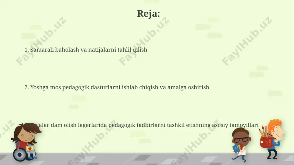 hartnomasi tuzishni taklif etamiz. bolalar salomatligi va xavfsizligi masalalarini muhokama qilish uchun ota-onalar bilan yillik 2 ta uchrashuv o‘tkazish, shuningdek, 10 dan ortiq faol ota-ona vakillarini jalb qilish orqali, toshkent shahridagi tajribamizni qo‘llaymiz. xavfsizlik va sog'liqni saqlash masalalari bolalar lagerlarida suv havzalari va basseynlarning suv sifati har 2 kunda sanitariya-epidemiologiya nazorati xodimlari tomonidan tekshirilishi va suv tahlillarining natijalari hujjatlashtirilishi kerak. samarqanddagi yozgi lagerlarda bolalar soni 50 dan oshganda, kamida 2 nafar malakali tibbiyot xodimi va 1 ta birinchi tibbiy yordam to'plami majburiydir. lager faoliyatining samaradorligini baholash bolalar lagerining pedagogik faoliyatini baholashda, o'quvchilarning bilim darajasining 20% oshishi va samarqanddagi 3 ta ta'lim yo'nalishi bo'yicha ijobiy natijalar kuzatilishi muhim ko'rsatkich hisoblanadi. lagerda o'tkazilgan tadbirlarning samaradorligini aniqlash uchun, farg'ona viloyatida o'tkazilgan so'rovnoma natijalariga ko'ra, 100 ta tadbirdan 90 tasining ijobiy bahosi lagerning yuqori samaradorligini ko'rsatadi. qiziqarli va ta'lim beruvchi o'yinlar va mashg'ulotlar farg'onada joylashgan lagerda o'tkaziladigan 10 ta turli xil san'at va hunarmandchilik …