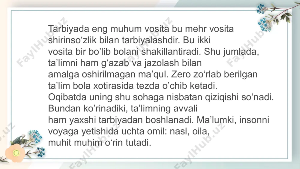 tarbiyasida oila bilan hamjihatlik, bolani to’g’ri tarbiyalashni nazorat qilib borish, oila tarbiyasining eng yaxshi namunalarini o’rganish va ommalashtirish. shu tariqa maktabgacha ta`lim muassasalari xodimlari va ota-onalar hamkorlikda uzluksiz ta`limning bosh bug’ini hisoblangan maktabgacha ta`lim tizimining vazifalarini amalga oshiradi. ota-onalar burchagi va ko‘rgazma tashkil etish bu hamkorlikni yanada mustahkamlashgayordam beradi. ota-onalar burchagi ularni tarbiyaga oid yangiliklar va pedagogik masalalar bilan tanishtirish maqsadida tashkil etiladi. ularga kitoblar, jurnallar, rasmlar, bolalarning ishlari, bolalar ovqatining xillari, bolaning uyidagi kun tartibi, ota-onalar uchun eslatmalar, e’lonlar joylashtiriladi. burchak vaqt-vaqti bilan tarbiya vazifasiga qarab o‘zgartirib turiladi. pedagogik bilimlarni targ’ib qilish tashkil etiladigan ko‘rgazmalar ko‘pincha ota-onalar konferensiyalari, majlislari, konsultatsiyalar oldidan tashkil etiladi.unda xalq ta’limi to’g’risida qonun va qarorlar, maktabgacha ta’lim muassasalari tarmoqlari va undagi tarbiyalanuvchilar sonining ortib borishiniko’rsatuvchi diagrammalar, bolalar bilan olib boriladigan ta’limtarbiya jarayonlari, bolalar hayotini aks ettiruvchi fotosuratlar, kitob va o‘yinchoqlar , bolalarning ishlari o‘rin oladi ota-onalar burchagi oila bilan olib boriladigan ishning ko‘rgazmali usuli, uning …