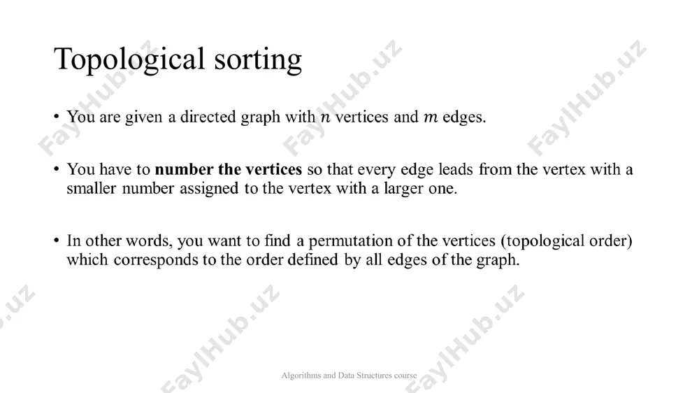 during it). thus, the desired topological ordering is sorting vertices in descending order of their exit times. topological sorting implementation algorithms and data structures course image1.png image2.png image3.png image4.png image5.png /docprops/thumbnail.jpeg
