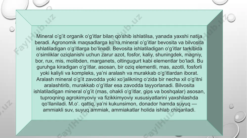 197,4 ming tonna, fosforli o‘g‘itlar - 139,9 ming tonnani tashkil qildi. 2021-yilgi mineral o’g’it sarfi prezident shavkat mirziyoyev raisligida joriy yil 12 fevral kuni o‘tkazilgan qishloq xo‘jaligida yangi zaxiralarni ishga solish hamda 2024 yilgi ustuvor vazifalar muhokamasi yuzasidan videoselektor yig‘ilishida berilgan topshiriqlariga binoan: - mineral o‘g‘itlar narxi 15% ga tushiriladi. - har bir tumanda 70 yangi mineral o‘g‘itlar ombori tashkil etiladi. hozirgi kunda 115 ta mineral o‘g‘itlar ombori faoliyat ko‘rsatmoqda. - 10 martdan boshlab har bir mineral o‘g‘it qopi ichida mahsulot qachon ishlab chiqarilgani, qachon yuklangani va qachon omborxonaga yetkazilgani kabi ma’lumotlar ko‘rsatilgan maxsus metka bo‘ladi. ma’lumotlarni ko‘rish uchun metkani skanerlash kifoya. - mineral o‘g‘itning sifat sertifikati ham metkada taqdim etiladi. - mineral o‘g‘itlar narxi oshishining oldini olish maqsadida korxonalarda ishlab chiqarish jarayoni takomillashtiriladi. mahsulot ishlab chiqarishning umumiy hajmi qiyosiy narxlarda 11,7 foizga, shu jumladan kimyoviy mahsulotlar (4,9 foiz), rezina va plastmassa mahsulotlari (47,9 foiz) kabi asosiy komponentlar bo‘yicha oshdi. …