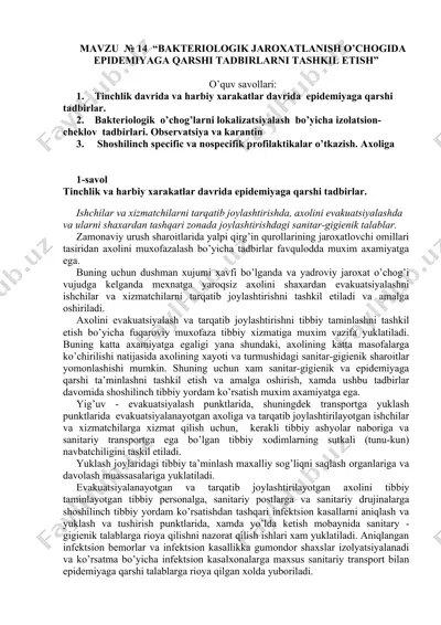 bakteriologik jaroxatlanish o’chogida epidemiyaga qarshi tadbirlarni tashkil etish — DOCX