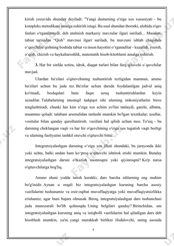 , dars barcha ishlarning eng muhim bo'g'inidir. aynan u orqali biz integratsiyalashgan kursning barcha asosiy vazifalarini tushunamiz va oxir-oqibat muvaffaqiyatga yoki muvaffaqiyatsizlikka erishamiz, agar buni bajara olmasak. biroq, integratsiyalashgan dars tushunchasi juda munozarali bo'lib qolmoqda. uning belgilari qanday? birinchidan, uni integratsiyalashgan kursning aniq va istiqbolli vazifalarini hal qiladigan dars deb hisoblash mumkin, ya'ni. yangi murakkab birlikni ifodalovchi, uning asosida rejalashtirilgan ikki yoki uchta ob'ektdan sifat jihatidan farq qiladigan tekislikda yotadi. shu sababli, bir nechta o'qituvchilarning mavjudligi ham, o'quv fanlari materiallarining mexanik birikmasi ham integratsiya darajasining ko'rsatkichi emas. avvalo, bu kognitiv qiziqishning kuchayishi va umumiy ta'lim ko'nikma va malakalarini rivojlantirish jarayonimi? integratsiyalashgan kursning bir xil savolining yechimiga asoslangan. o'qituvchilar birgalikda yoki alohida dars o'tishlari mumkin, ammo natijaga faqat ularning birgalikdagi sa'y-harakatlari bilan erishiladi.eng oddiy misol keltiraylik: beshinchi sinf o'quvchilarining ko'plab yangi o'qituvchilari, odatda, ularga daftar va bolalardagi ishlarni loyihalash uchun qarama-qarshi talablarni qo'yadilar. adashib, uzoq vaqt davomida o'zlarini yo'naltira olmaydilar, o'rta …