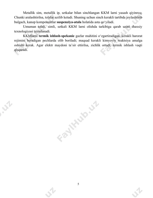 lashmasi shliker deyiladi. presslash vibratsiyali, press-formalarda, gidrastatik, elastik qobiqlarda bo‘lishi mumkin. katta o‘lchamli detallar uchun shlikerning suvdagi eritmasi gips qoliplarga qo‘yiladi. metallik sim, metallik ip, setkalar bilan sinchlangan kkm larni yasash qiyinroq. chunki aralashtirilsa, tolalar uzilib ketadi. shuning uchun sinch kerakli tartibda joylashtirib bulgach, kanop komponentlar suspenziya-atala holatida asta qo‘yiladi. umuman tolali, simli, setkali kkm larni olishda tarkibiga qarab uzini shaxsiy texnologiyasi tayinlanadi. kkmlarni termik ishlash-spekanie gazlar muhitini o‘zgartiradigan, kerakli harorat rejimini beradigan pechlarda olib boriladi; maqsad kerakli kimyoviy reaktsiya amalga oshishi kerak. agar elektr maydoni ta’sir ettirilsa, zichlik ortadi, termik ishlash vaqti qisqaradi. 5
