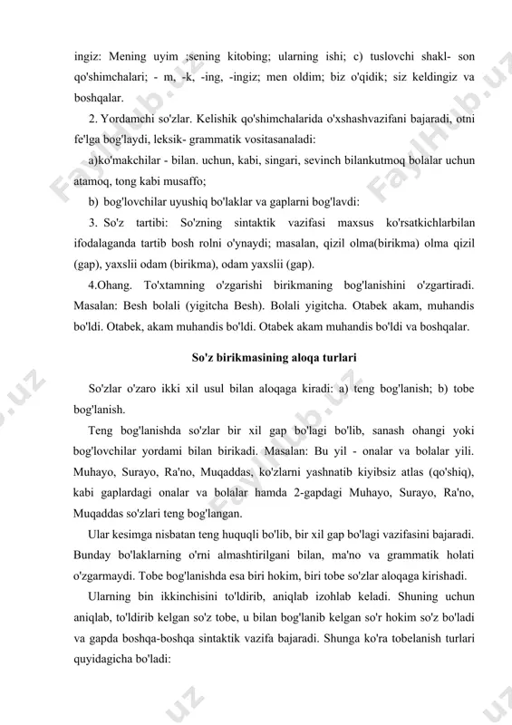 di. masalan, mening vatanim, gullarning guli, talabalarning o'qishi. gullarning guli - nargis. bunda guli (hokim) so'z talabi bilan gullarning (tobe so'z) qaratqich kelishik qo'shimchalarini olib kelgan. dutorimning torlari qo'sh bulbuldek sayraydi kabi. boshqaruv. bu bog'lanishda tobe so'z hokim so'zning talabi bilan o'z shaklini o'zgartiradi. masalan: maktabga bormoq, ishdan kelmoq, ko'chani tozalamoq. fe'l boshqaruv va ot boshqaruvi. masalan: ochilgan gul, sayragan bulbul. asal qanddan shirin.sifatli boshqaruv. masalan: uyat o'limdan yomon. kelishikli va ko'makchili boshqaruv. masalan: kundan kun sovuq. yaxshidan ot. yomondan dog' qolar. baliqning tirikligi suv bilan. bitishuv._bunday bog'lanishda so'zlarning o'zaro aloqasi tartib va ohang orqali beriladi: a) sifatlovchi+sifatlanmish; sifatlovchi vazifasida sifat, son, olmosh, ravish keladi. masalan: ko'm-ko'k dala, katta bino, bu uy, beshta talaba, oqar suv, oltin fasl; b) hol+hollanmish: hol vazifasida ravish va ravishdoshlar keladi. masalan: samolyot tez uchdi. rangi oqarib ketdi va boshqalar. tobe bo'lak vazifasiga ko'ra: 1) aniqlovchi +aniqlanmish munosabati (tobe bo'lak ot, sifat,son, olmosh, ravish, sifatdosh …