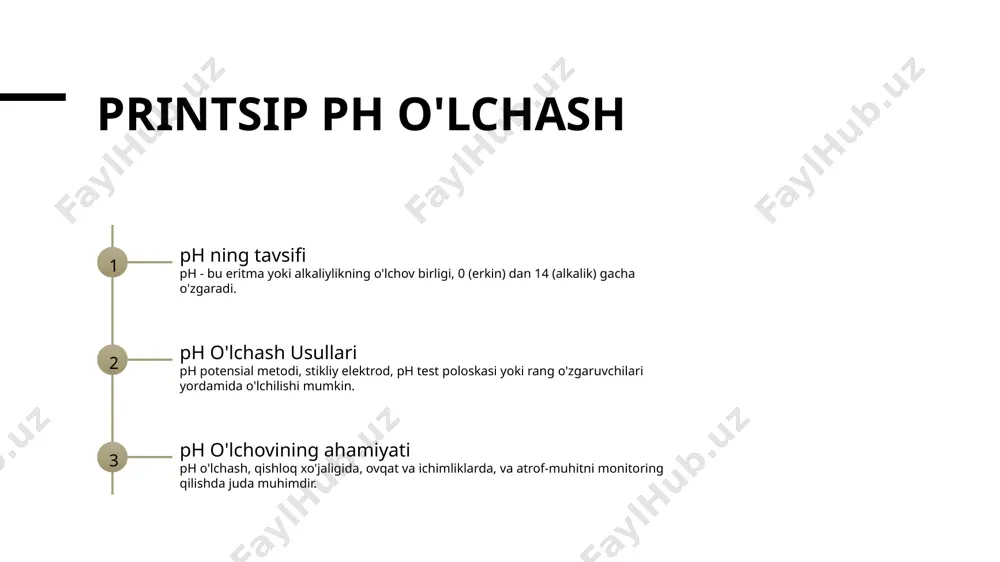 ensiometrik usulda aniqlash ko'plab sohalar, shu jumladan ovqat va ichimliklar, dori-darmonlar va atrof-muhitni kuzatishda keng qo'llaniladi, chunki uning aniqlik va ishlatish o ph o'lchovini ta'sir qiladigan faktorlar elektroda holati elektrodnik holati, masalan, tozaligi va qariyalanishi, ph o'lchovning aniqlik darajasini ta'sir qilishi mumkin. harorat ph o'lchovlari haroratga bog'liqdir, haroratning oshishi ph o'lchovlarini oshiradi va aksincha. namunaviy tuzilish namunaning kimyoviy tarkibi, uning ion kuchligi va qo'llanuvchi moddalar mavjudligi, ph o'lchamini ta'sir qilishi mumkin. ma'lumotlarni tahlil qilish va tushuntirish 1 2 3 statistik tahlil trend identifikatsiya taqqoslash va tafriglash foydalaning o'rtacha, mediana va standart deviasiya kabi statistik metodlarni ph ma'lumotlarini to'g'ri tushuntirish uchun aniqlash uchun. foydalanuvchi o'zgaruvchanlarning va tendentsiyalarining ph ma'lumotlarida aniqlanishi, masalan, mevsimlik o'zgarishlar yoki uzun muddatli o'zgarishlar, asosiy sabablarni tushunish uchun. farkli manbalardan yoki vaqt davrlaridan ph ma'lumotlarini taqqoslash, mosliklarni aniqlash, farqliliklarni aniqlash va potentsial ta'sir qiladigan o'zgaruvchilarni aniqlash. ph qiymatini tekshirishda sifatni nazorat qilish kalibratsiyaning ahamiyati obyektiv ph metrlarini standart …