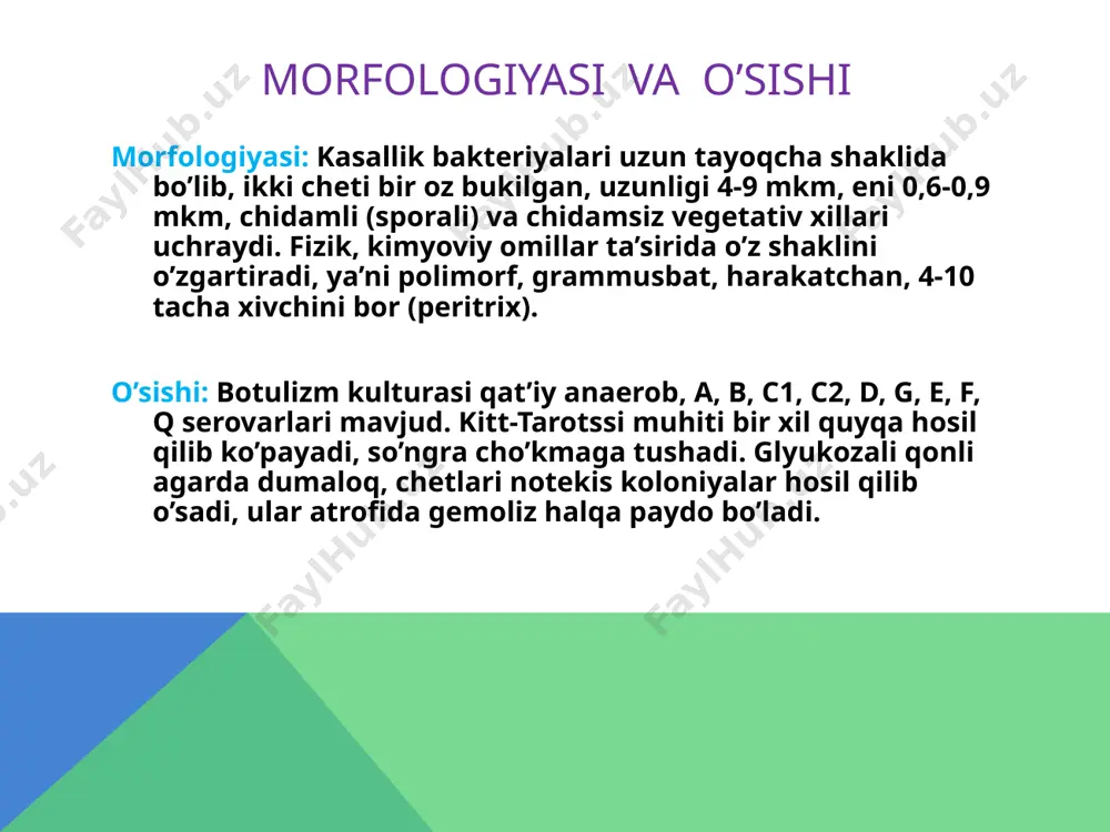 ardob o’z vaqtida yuborilsa, bemor hayotini saqlab qolish mumkin, chunki zardob birdan-bir davolovchi preparat hisoblanadi. bemor ahvoliga qarab zardob qayta yuboriladi. zararlangan oziq-ovqat iste’mol qilgan, ammo hali kasal bo’lmagan kishilarga ham profilaktik antitoksin va botulizmga qarshi polivalent zardob yuboriladi. botulizm qo’zg’atuvchisi shisha banka ichidagi mahsulotlarni parchalashi natijasida ko’p miqdorda gaz hosil qiladi, bu esa banka qopqog’ini ko’tarib yuboradi, bu holatni “bombaj” deyiladi. bunday konserva va kompotlarni mutloqo iste’mol qilmaslik kerak. e’tiboringiz uchun rahmat! image3.jpeg image4.jpeg image5.jpeg image6.jpeg /docprops/thumbnail.jpeg