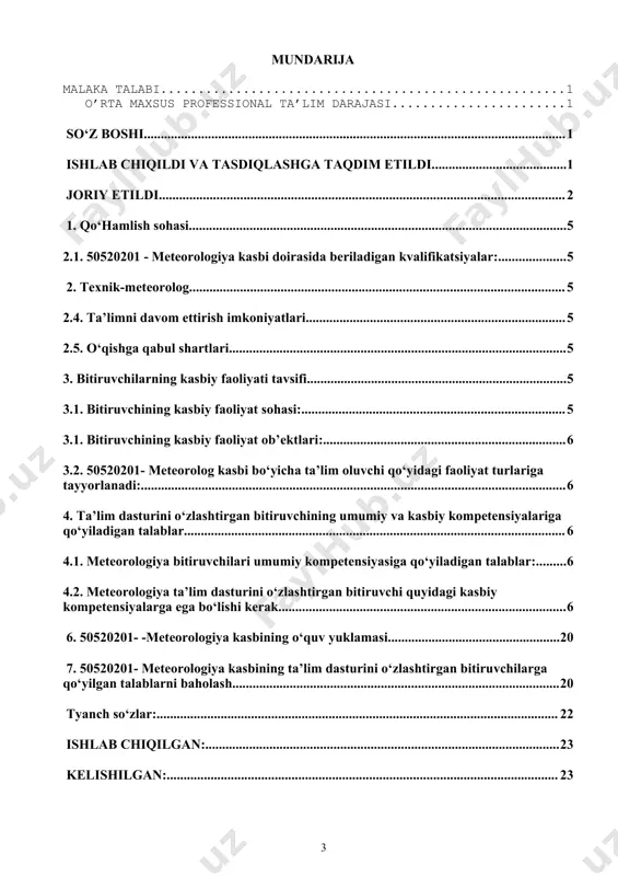 dagi qonunchilik asosida amalga oshiriladi. 3. bitiruvchilarning kasbiy faoliyati tavsifi 3.1. bitiruvchining kasbiy faoliyat sohasi: meteorologiya kasbining asosiy maqsadi - meteorologik, agrometeorologik, aerologik stansiyalarda kuzatuvlarni uzluksiz olib borish, ma’lumotlarni birlamchi qayta ishlash va umumlashtirishdan iborat. 3.1. bitiruvchining kasbiy faoliyat ob’ektlari: 3.1.1. texnik-meteorolog kvalifikatsiyasi bo‘yicha: o‘zbekiston respublikasi gidrometeorologiya xizmati markazi bo‘limlari, viloyat boshqarmalari, gidrometeorologik stansiyalar va postlar, o‘zbekiston respublikasi favqulodda vaziyatlar vazirligi viloyat bo‘limlari, aeroporlar va maxsus xarbiy qismlar. 3.2. 50520201- meteorolog kasbi bo‘yicha ta’lim oluvchi qo‘yidagi faoliyat turlariga tayyorlanadi: 3.2.1. texnik-meteorolog kvalifikatsiyasi bo‘yicha: meteorologik stansiyalarda meteorologik, aktinometrik, issiqlik balansi, ozonometrik, radiolokatsion, aerologik, agrometeorologik, radiometrik va boshqa gidrometeorologik kuzatuvlarni olib borish, havoning ifloslanishi va yog‘inlar monitoringini olib borish, foydalaniladigan texnik vositalar, qurilmalarning ishlashini ta’minlash, monitoring qilish, telegramma va jadvallarni tuzish, xavfli hodisalar va salbiy gidrometeorologik hodisalar haqida ogohlantirish ishlarini amalga oshiradi. 4. ta’lim dasturini o‘zlashtirgan bitiruvchining umumiy va kasbiy kompetensiyalariga qo‘yiladigan talablar 4.1. meteorologiya bitiruvchilari umumiy kompetensiyasiga qo‘yiladigan talablar: ptm bitiruvchisi …
