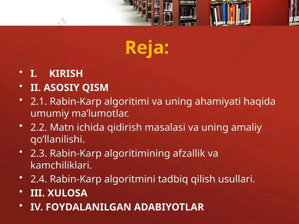 li o‘rganiladi. shuningdek, algoritmning zamonaviy dasturlash tillarida amaliyotga tatbiqi ko‘rib chiqiladi. kurs ishi mavzusining asosiy vazifalari: rabin-karp algoritmining nazariy asoslarini o‘rganish. matnda substringni izlash algoritmlarini umumiy ko‘rib chiqish. rabin-karp algoritmining ishlash tamoyillarini tahlil qilish. algoritmning samaradorligini baholash va boshqa algoritmlar bilan taqqoslash (masalan: knuth-morris-pratt, boyer-moore). algoritmning dasturiy ta’minotda qo‘llanilishi, ya’ni dasturlash tilida real implementatsiyasi (masalan, python yoki c++ tilida). olingan natijalar asosida xulosa chiqarish va algoritmni takomillashtirish imkoniyatlarini ko‘rib chiqish. kurs ishining obyekti: ushbu kurs ishining obyekti — matnda substringni izlash masalasi va uning algoritmik yechimlari, xususan, rabin-karp algoritmi bo‘lib, uning nazariy asoslari, matematik modeli va dasturiy amaliyotda qo‘llanishi tahlil qilinadi. tadqiqotlar natijasida ushbu algoritm asosida samarali izlash dasturi ishlab chiqiladi va boshqa algoritmlar bilan taqqoslanadi. ii. asosiy qism 2.1. rabin-karp algoritmi va uning ahamiyati haqida umumiy ma’lumotlar rabin-karp algoritmi 1987-yilda maykl rabin va ričard karp tomonidan taklif qilingan bo‘lib, u matn ichida berilgan namunani (kichik satrni) aniqlash uchun mo‘ljallangan …