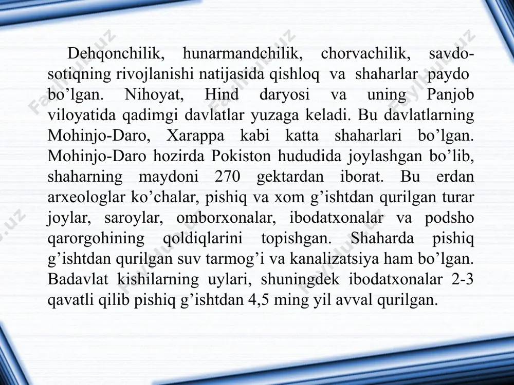sopatamiya va misr singari qadimiy o’ziga xos madaniyat yaratilgan. xitoyliklar shan sulolasi davrida (mil.avv. 2 minginchi yil o’rtalarida) ieroglif yozuvini yaratganlar. bu yozuv bir necha o’n ming belgi-ierogliflardan iborat. milodning i asrigacha bu ierogliflar hozirgi yozuv ko’rinishiga ega bo’ldi. qadimgi xitoy yozuvi asosida keyinchalik koreya, v’etnam va yapon yozuvlari paydo bo’ldi. www.arxiv.uz www.arxiv.uz foydalanilgan adabiyotlar zokirxodjaev sh.ya., solixov m.u. “shifokor va bemor” toshkent - 2016 yil. siluyanovoy i. v. bioetika v rossii: sennosti i zakono`., m. 2001. r karimov sh.i. soglom ovkatlanish –salomatlik mezoni 2015 yil fauler m.. etika i sestrinskoe delo. m., 1994. merta dj.. spravochnik vracha obhey praktiki. m.,1998. magazanik n.a.. iskusstvo obheniya s bolno`mi. m., 1991. www.arxiv.uz www.arxiv.uz