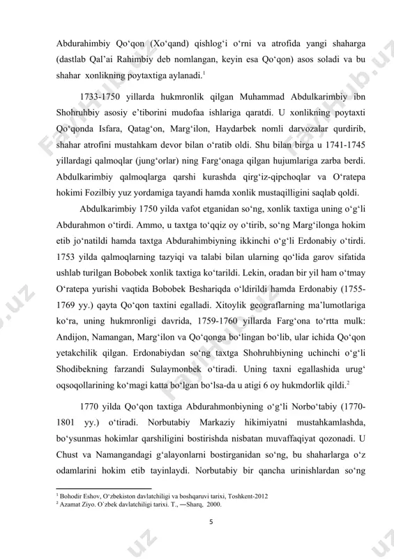) hukmdorlar rasman “xon” deb yuritila boshlandi.[footnoteref:5] [5: sh.vohidov. qo`qon xonligida unvon va mansablar ―sharq yulduzi, t., 1995] o‘z davrida olimxon harbiy yurishlar qilib o‘ziga yangi viloyatlarni, jumladan ohangaron vohasi, toshkent, chimkent, turkistonni bo‘ysundirishga muvaffaq bo‘ldi. qisqa muddat o‘ratepani ham egalladi, jizzax va zominga yurishlar qildi. harbiy islohatlar o‘tkazib, markazlashgan va kuchli davlat tuzish uchun harakat qilayotgan olimxonning siyosatidan norozi bo‘lgan ayrim zodagonlar guruhi unga qarshi fitna tayyorlay boshladilar. olimxon o‘z hokimiyatini mustahkamlash maqsadida ukasi rustambekni, bir nechta sarkardalarni, din peshvolarini o‘ldirtirib yuboradi. manbalarning ma’lumot berishicha, bu voqealardan so‘ng kuchayib ketgan fitnachilarga olimxonning ukasi umarbek boshchilik qilgan. natijada, 1810 yilda olimxon toshkentdan qo‘qonga qaytayotganda, oltiqush mavzesida o‘g‘li shohruhbek bilan birga qambar mirza tomonidan otib o‘ldiriladi. manbalarga ko‘ra, umarxon (1810-1822 yy.) hukmdorligi davrida yirik yer egalari, harbiy sarkardalar va ruhoniylarning mavqeyi yanada oshadi. u davlat boshqaruvi ishlarida izchil tartib, qonun – qoidalar o‘rnatdi va diniy ishlarni tartibga soldi. natijada, 1818 yilda …