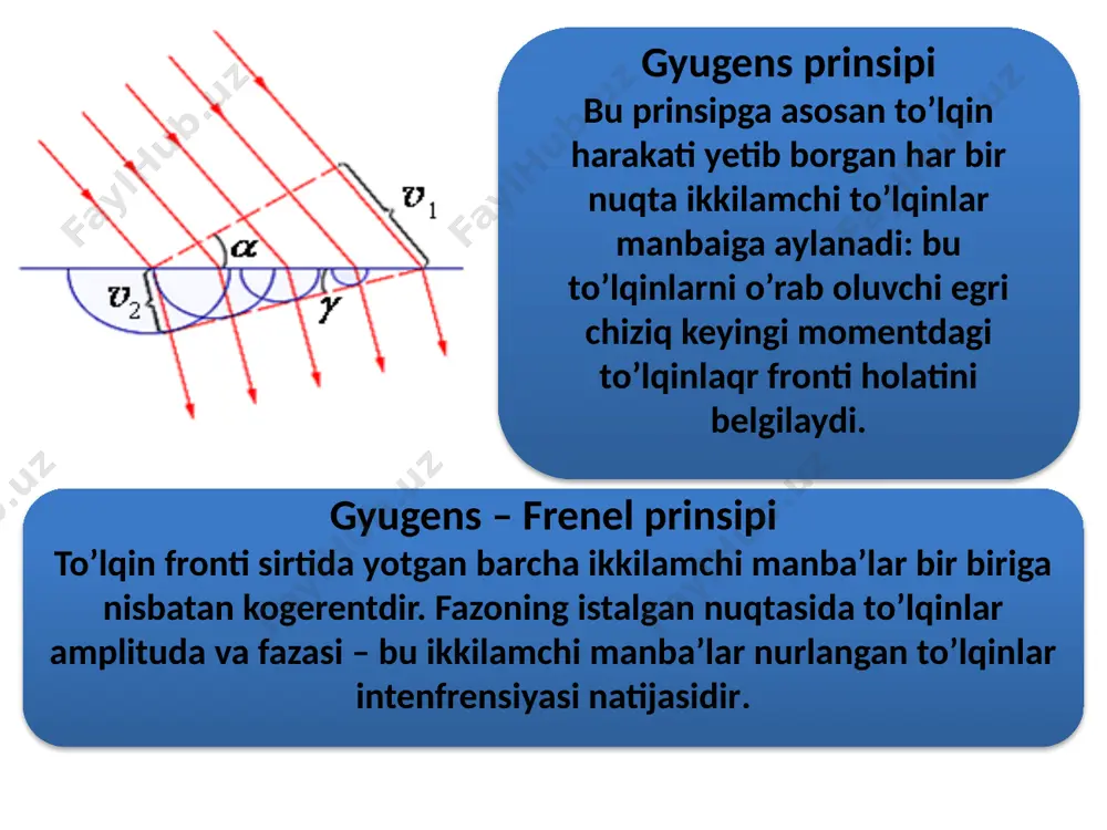 ferensiyasi kuzatilishi sharti ularning kogerentligidadir, ya’ni bir necha tebranma va to‘lqin jarayonlarining vaqt bo‘yicha va fazoda bir–biriga muvofiq ravishda kechishidir. bir tizimning o‘rtacha davom etadigan vaqti – kogerentlik vaqti deb ataladi. interferensiya hodisasini kuzatish imkonini beradigan ikkita yorug‘lik manbaining o‘lchamlari va o‘zaro joylashishi fazoviy kogerentlik deb ataladi. fazoviy kogerentlik uzunligi (yoki kogerentlik radiusi) deb, ko‘ndalang yo‘nalishda to‘lqin tarqalishning maksimal masofasiga aytiladi. 14 yupqa plyonkalardagi interfrensiya о с в n d n0=1 i i i r r r 1 2 i р р nuqtada iterfrensiya maksimumi kuzatiladigan shart р nuqtada iterfrensiya minimumi kuzatiladigan shart 15 teng qalinliklar tasmasi (1' va 1", 2' vа 2") kogerent juft nurlar pona sirti atrofida kesishadilar va ekranning (a va a’) nuqtalarida linza orqali yig’iladilar. экран линза клин 1 1i аi а 2i 2 di d 1ii 2ii ekranda interfrensiya tasmalari tizimi – ularning har biri plastinkadagi bir xil qalinlikdagi nuqtalaridan aks etishi natijasida paydo bo’ladi. …