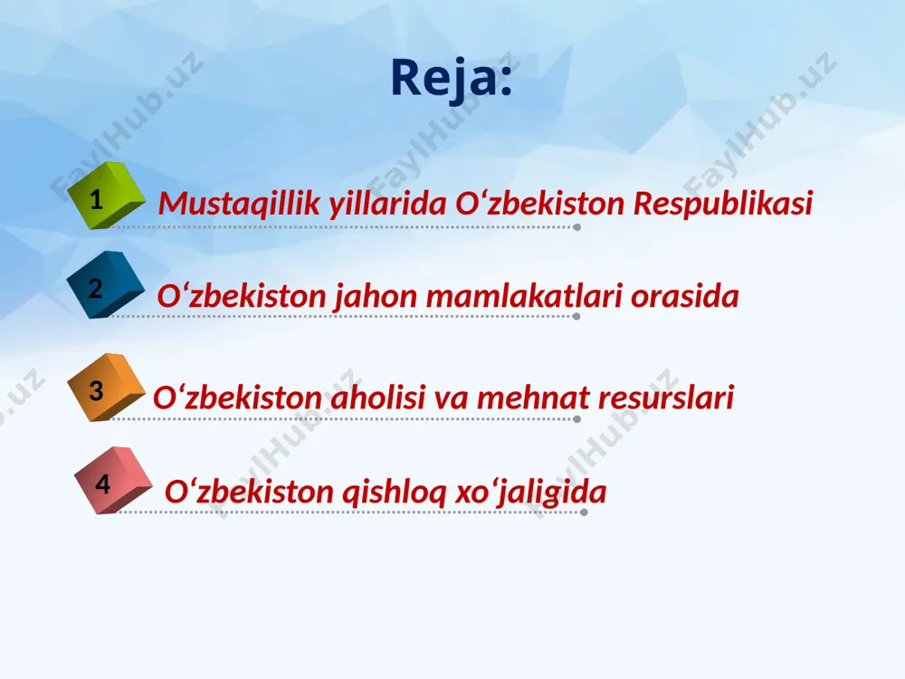 ston, koreya respublikasi, turkiya va yevropa mamlakatlari kiradi. respublika eksportining tovar tarkibida mustaqillik yillarida juda katta o‘zgarishlar ro‘y berdi. mustaqillikka erishgan payti respublikamiz eksportida paxta tolasining ulushi 60 foizga teng bo‘lgan. hozirgi kunga kelib bu hududlarda ichki va tashqi sarmoyadorlar ishtirokida yuzlab yangi ishlab chiqarish loyihalari amalga oshirilmoqda. o‘zbekiston ijtimoiy-iqtisodiy rivojlanishi istiqbollari respublikaning har bir tuman va viloyat imkoniyatlaridan umumdavlat va hududiy manfaatlarda oqilona foydalana olishga bog‘liq. image2.jpg image3.jpeg image4.jpeg image5.jpeg image6.jpeg image7.jpeg image8.jpeg image9.jpeg image10.jpeg image11.jpeg image12.jpeg image13.png image14.jpeg image15.jpeg image16.jpeg image17.jpeg image18.jpeg image19.jpeg image20.jpeg image21.jpeg image1.jpg