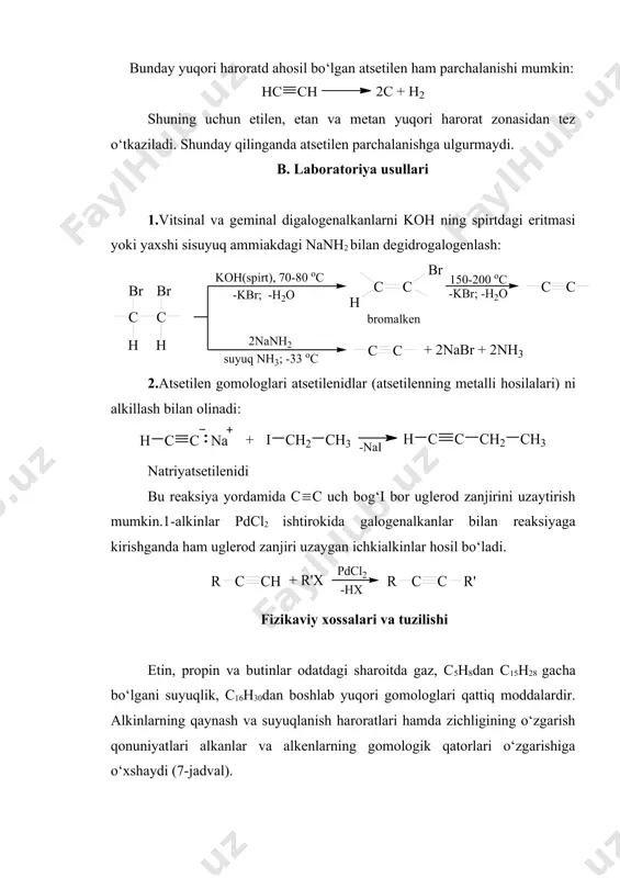 -detsin hcc(ch2)7ch3 -36 182 0,770 alkinlar suvda erimaydi, ligroin, efir, benzol, tetraxlormetan singari erituvchilarda yaxshi eriydi. atsetilen molekulasidagi cc uchbog‘ining energiyasi 810 kj/mol bo‘lib, uzunligi 0,121 nm, ch bog‘larining uzunligi esa 0,106 nm gateng: endi etan, etilen va atsetilendagi bridlanish xarakterining o‘zgarishi, ularning tuzilishi va xossalariga qandayta’sirqilishini ko‘rib chiqaylik: ch3ch3; ch2ch2; hcch qatorida chapdan o‘ngga borgan sari quyidagi o‘zgarishlar sodir bo‘ladi: 1. ch bog‘larining uzunligi kamayadi (0,110 nm; 0,109 nm; 0,106 nm); 2. ch bog‘ning dipol momenti oshib boradi (0,307 d; 0,629 d; 1,05 d); 3. uglerodatomlarining elektromanfiyligi oshib boradi (2,50; 2,69; 2,75); 4. kislota xossalari kuchayib boradi –kdis.(10-40; 10-40; 10-22). atsetilenning ch bog‘larini hosil qilishda s-elektronlarning hissasi katta. s-elektronlarning gibridlanishdagi hissasi qancha katta bo‘lsa, gibrid elektronlar yadroga shuncha yaqin joylashadi.natijadabu elektronlar elektrofillar ishtirokida boradigan kimyoviy reaksiyalarga qiyinroq kirishadi. ikkinchi tomondan esa atsetilenning molekulasi chiziqsimon tuzilishga ega bo‘lganidan, undagi uglerod yadrolariga nukleofil reagentlar oson hujum qilishi mumkin. atsetilenda p-elektronlar bir- …