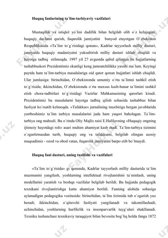 di. fanning alohida sohasiga aylanadigan pedagogika vositasida: birinchidan, ta`lim tizimida tub o`zgarish yuz beradi; ikkinchidan, o`qituvchi faoliyati yangilanadi va takomillashadi; uchinchidan, yoshlarning hurfikrlik va insonparvarlik tuyg`ulari shakllanadi. texnika tushunchasi texnikaviy taraqqiyot bilan bevosita bog`liq holda fanga 1872 yil kirib kelganligini ta`kidlash lozim. u yunoncha «texnos», ya`ni san`at, mahorat, hunar, shuningdek, «logos»- fan so`zlaridan tashkil topib, mahorat va hunar fani ma`nosini anglatadi. pedagogik texnologiya o`qituvchining o`quvchi faoliyatiga bevosita ta`siri bo`lib, uning shaxsiy sifatlarini shakllantirishga amaliy yordam beradi. metodika o`quv jarayonini tashkil etish va o`tkazish bo`yicha tavsiyalar yig`indisidir. pedagogik texnologiya esa o`qituvchining kasbiy faoliyatini yangilovchi va natijalarini kafolotlovchi tadbirlar yig`indisidir. milliy dastur ta`lim tarbiyaning maqsadini yangilash, uni eski mafkuraviy sarqitlardan halos etish, yuksak ma`naviy va axloqiy talablarga javob beradigan yuqori malakali kadrlar tayyorlash vaazifalarini belgilab beradi. demak, ta`lim-tarbiyaning maqsadi tubdan yangilab boriladi. pedagogik jarayonning yangilanishi bilan inson faoliyatning chegarasi ham kengayadi. auditoriyaga yangi texnologiya, sanoat, elektron kompyuterlar, axborot vositalari ham kirib kelmoqda. …