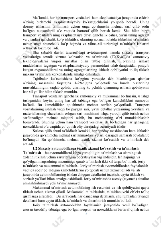va materiallarining eskirishi avtomobil va uning qisimlarining ish xolatining o`zgarashiga m’lum qonuniyatlar asosida ta’sir qilib boradi. bu qonuniyatlarni bilish avtomobilning xolat o`zgarishlarini bashorat qilish va uning asosida mukammal ta’mirlash zaruriyati tug`iladigan vaqitni va bu ishni amalga oshirish uchun kerak bo`ladigan mexnat xajmini aniqlash imkoniyatini beradi. natijada mukammal ta’mirlashni reja asosida amalga oshirish mumkin bo`ladi. tashkil qilinishiga qarab ta’mirlash ikki turga bo`linadi: ajratilgan va ajratilmagan holatda detallarni qayta tiklash. ta’mirlash ajratilgan holda amalga oshirilganida, detallarni tiklash operatsiyalari, u detallarning qaysi avtomobil yoki agregat nusxasidan yechib olinganligini hisobga olmagan holda bajariladi. ta’mirlash ajratilmagan holda amalga oshirilganida esa, detallarni tiklash operatsiyalari, u detallarning avtomobil yoki agregatning qaysi nusxasidan yechib olinganligini e’tiborga olgan holda bajariladi. detallarni qayta tiklashni to`g`ri tashkil qilish uchun zarur bo`lgan ma’lumotlar detallarning turlari, soni, ularni tuzatishda qo`llanilishi mumkin bo`lgan usullar ro`yxati va qayta tiklashning tashkiliy shakli kabilardan iboratdir. joriy ta’mirlash ajratilmagan holda bajariladi, mukammal ta’mirlash esa ajratilgan yoki ajratilmagan xolarda …