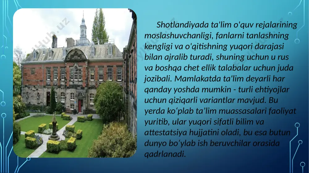 a va ularning ufqlarini rivojlantirishga qaratilgan. oliy imtihonlar odatda o'rta maktabning 5-kursida topshiriladi va 4-6 fan bo'yicha testlarni o'z ichiga oladi. eng nufuzli fakultetlarga yoki eng yaxshi universitetlarga kirish uchun siz maktabning “6-kurs”ini tamomlab, advanced higher sertifikatini olishingiz kerak. ushbu hujjat a-darajali diplomga teng va buyuk britaniyadagi barcha universitetlar tomonidan tan olingan. “oltinchi kurs”da talabalar kurs ishlari yozadilar, loyihalar tayyorlaydilar, stajirovkadan o‘tadilar, mustaqil tadqiqot olib borish, tahlil qilish va universitet talablariga muvofiq yozma ishlarni tayyorlashni o‘rganadilar. xususiy maktablar chet eldagi maktabda o'qishni istagan chet elliklar, qoida tariqasida, xususiy muassasalarni tanlashadi. ular yanada ilg'or uskunalar va har bir talabaga shaxsiy yondashuv bilan ajralib turadi. mamlakatda aralash tipdagi va faqat o'g'il bolalar yoki qizlar uchun mo'ljallangan internatlar mavjud. xususiy maktablarning afzalliklari orasida quyidagilar mavjud: katta hajmdagi ma'lumotlarni olish imkonini beruvchi boy mavzuni o'rganish dasturi. maktab o'quvchilarining ijodiy va sport qobiliyatlarini rivojlantirish va amalga oshirishga qaratilgan turli xil ixtiyoriy tadbirlar. zamonaviy moddiy-texnika bazasi. …