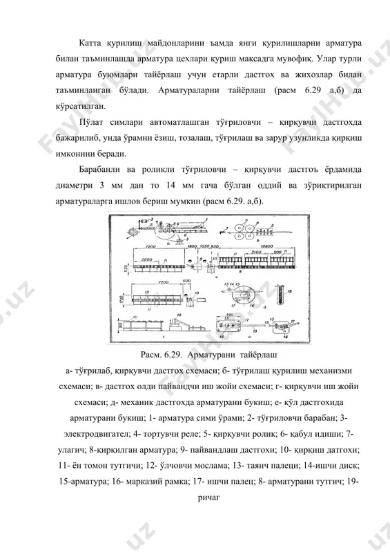ержен диаметрига (мм) қараб бир вақтда қирқиш имкони 10 16 25 32 36 40 с-370а с-150а cv-300г а-i а-ii а-iii 10 9 7 5 4 3 2 1 1 1 1 -- 1 -- -- 1 -- -- с-445м а-i а-ii а-iii 10 10 10 8 7 5 3 2 1 1 1 1 1 1 -- 1 1 -- нб-633 н-5222 а-i а-ii а-iii 10 9 7 6 4 3 2 1 1 1 1 -- 1 1 -- 1 1 -- арматура эгувчи дастгохларнинг техник тавсифи 6.9-жадвал кўрсаткич дастгох тури с-146а с-564 с-565 см-3007 смж-301 1 2 3 4 5 6 эгиладиган пўлатнинг энг катта диаметри а-i а-iii 40 32 70 60 90 80 40 40 32 28 эгувчи дискнинг айланиш тезлиги иб/мин. энг катта энг кичик 14 3,7 1,22 -- 0,63 -- 12,66 6,33 20 10 харакат тури элект-ромеханик -- -- гидрав-лик электро-механик эгувчи дискни автоматик тухтатиш …