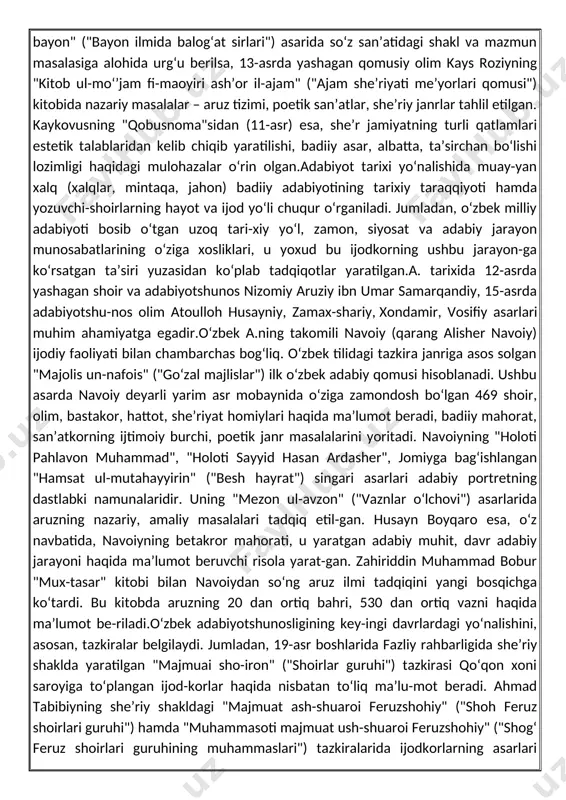 laridir. uning "mezon ul-avzon" ("vaznlar o‘lchovi") asarlarida aruzning nazariy, amaliy masalalari tadqiq etil-gan. husayn boyqaro esa, o‘z navbatida, navoiyning betakror mahorati, u yaratgan adabiy muhit, davr adabiy jarayoni haqida ma’lumot beruvchi risola yarat-gan. zahiriddin muhammad bobur "mux-tasar" kitobi bilan navoiydan so‘ng aruz ilmi tadqiqini yangi bosqichga ko‘tardi. bu kitobda aruzning 20 dan ortiq bahri, 530 dan ortiq vazni haqida ma’lumot be-riladi.o‘zbek adabiyotshunosligining key-ingi davrlardagi yo‘nalishini, asosan, tazkiralar belgilaydi. jumladan, 19-asr boshlarida fazliy rahbarligida she’riy shaklda yaratilgan "majmuai sho-iron" ("shoirlar guruhi") tazkirasi qo‘qon xoni saroyiga to‘plangan ijod-korlar haqida nisbatan to‘liq ma’lu-mot beradi. ahmad tabibiyning she’riy shakldagi "majmuat ash-shuaroi feruzshohiy" ("shoh feruz shoirlari guruhi") hamda "muhammasoti majmuat ush-shuaroi feruzshohiy" ("shog‘ feruz shoirlari guruhining muhammaslari") tazkiralarida ijodkorlarning asarlari janrlarga bo‘lib o‘rganiladi (20-asr boshi). birinchisida g‘azallar, ikkinchisida muhammas va musaddaslar tahlil etiladi.matbuot va noshirlik ishlarining rivoji 19-asr oxiri – 20-asr boshlarida o‘zbek tanqidchiligi, adabiyotshunosligi uchun yangi imkoniyatlarni vujudga keltirdi. ayniqsa, adabiy tanqidda uyg‘onish ro‘y …