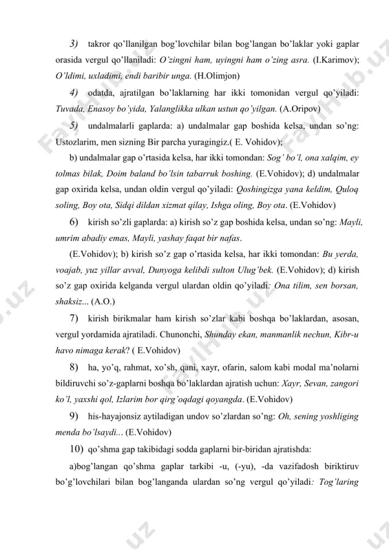 uchun mushohadasi keng. 16) sabab, maqsad ergash gaplarda vergul birinchi qismda kelgan ergash gap tarkibidagi deb so’zidan so’ng qo’yiladi. masalan, kamalakdek rango-rang bo’lsin deb, san’at, tillar asrlarcha qildim jang. ( e.vohidov) 17) ohang yordamida bog’langan qo’shma gaplar tarkibi mazmunan bir-biriga yaqin bo’lsa, ular orasiga vergul qo’yiladi. masalan, qo’n`iroq chalindi, dars boshlandi. 18) takror gaplar va takrorlangan bo’laklar orasida vergul qo’yiladi: taningda kamtarin a’zo bu qo’llardir, bu qo’llardir, mudom mehnat uchun paydo bu qo’llardir, bu qo’llardir. (e.vohidov) nuqtali vergul. nuqtali vergul, odatda, 1) bog’lovchisiz qo’shma gap qismlari mazmunan bir-biridan uzoq bo’lsa: bayrog’imiz to’rt xil rangda: moviy rang bu yuksaklik; yashilda-chi, yashnar hayot; qon gupurar qizillikda; oq aytadi: men tinchlik. (e.vohidov) 2) tarkibidagi sodda gaplar ketma-ket sodir bo’lgan voqea- hodisalarni ifodalab, o’z ichida bir necha tinish belgilari qo’llanilgan bo’lsa: … ona qalbi ezildi; so’ng tikilib suratga, kelib qat’iy jur’atga minglab maktub yozildi. (e.vohidov) 3) bog’lovchisiz qo’shma gap tarkibiga kirgan sodda gaplarda voqealar …