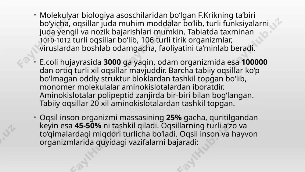 ketmaketlikda uchraydilar. vaholanki, ba’zi individual oqsillar bu aminokislotalarning barchasini saqlamasligi mumkin. ba’zi oqsillarda ko‘rsatilgan aminokislotalardan tashqari ularning unumlari aniqlangan: oksiprolin, oksilizin, diyodtirozin, fosfoserin va fosfotreonin 3. biologik va fiziologik funksiyasi bo‘yicha aminokislotalar almashinadigan va almasha olmaydigan sinflarga bo‘linadi. almashib bo‘lmaydigan aminokislotalar inson tanasida boshqa moddalardan sintezlanmaydi. ular asosan oziq-ovqat tarkibida qabul qilinadi. bu sinfga quyidagi 8 ta aminokislota kiradi: valin, leytsin, treonin, lizin, metionin, izoleytsin, fenilalanin va triptofanlar. almashinadigan aminokislotalar inson tanasida yetarli darajada uglevod va boshqa aminokislotalar metabolitlaridan sintezlanadi. bu aminokislotalarsiz inson tanasida biokimyoviy jarayonlar uzoq vaqt buzilmaydi. bularga glitsin, alanin, serin, sistein, prolin, sistin, asparagin va glutamin kislotalar kiradi. aminokislotalar kimyoviy jihatdan amfoter elektrolitlar deyiladi. suvda eriganda eritmada dipol va gidrat qobiq hosil qiladi. glitsindan boshqa hamma aminokislotalar optik faol moddalar bo‘lib, ular d, l-izomer holida uchraydi. aminokislotalarning d va l izomerlari fazoviy izomer bo‘lgani sababli moddaning ko‘zgudagi ko‘rinishiga o‘xshash bo‘ladi. d-qatordagi aminokislotalar oqsil tarkibida uchramaydi. ular antibiotik …