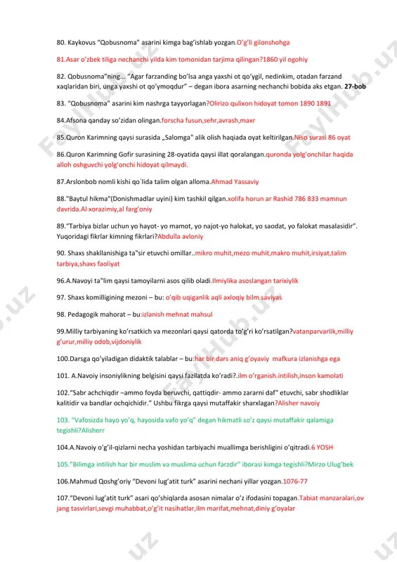 n sino kamolotga erishishning birinchi mezoni... deb takidlagan.ma’rifatga erishish 63. abu ali ibn sino qachon, qaerda tavallud topgan va qachon vafot etgan?980 buxoro afshona qishlog’i 1037 vafot etgan 64. “olim ilm toliblarga qalbini yomon illatlardan, inson o‘zi sezish mumkin bo‘lmagan holatlardan, qotib qolgan urf-odatlardan, hirsdan, behuda raqobotdan, ochko‘zlikdan, shon-shuhratdan saqlanishi zarurligini uqitrgan”. ushbu fikrla muallif kim?beruniy 65. beruniyning inson axloqiy kamolotini ko’rsatuvchi xislatlari qaysi javobda to’g’ri ko’rsatilgan?irsiyat.muhit,tarbiya 66. sharqda “shayx ar-rays” nomi mashhur alloma?beruniy 67. jismoniy tarbiyaning ilk bor ilmiy-pedagogik jihatdan bir butun tizim ekanligini yaratgan alloma?ibn sino 68. “devonu lug’atit turk” asaring mualifi kim.mahmud koshg’ariy 69. “devonu lug’atit turk” asarining she’riy parchalari nemis tiliga qachon tarjima qilgan.1928 70. o’g’lim senga qoldirdim o’git, unga amal qil, olimlarga yaqinlash, bahra olgil, tutib dil. ushbu she’riy misralar qaysi manbaga tegishli.devoniy lug’ati turk 71. yusuf xos xojib qaysi shaxarda tug’ilgan.bolosog’un 72. yusuf xos xojibning “qutadig’u bilig” asari necha baytdan iborat?6500 bayt 73. “qutadig’u …