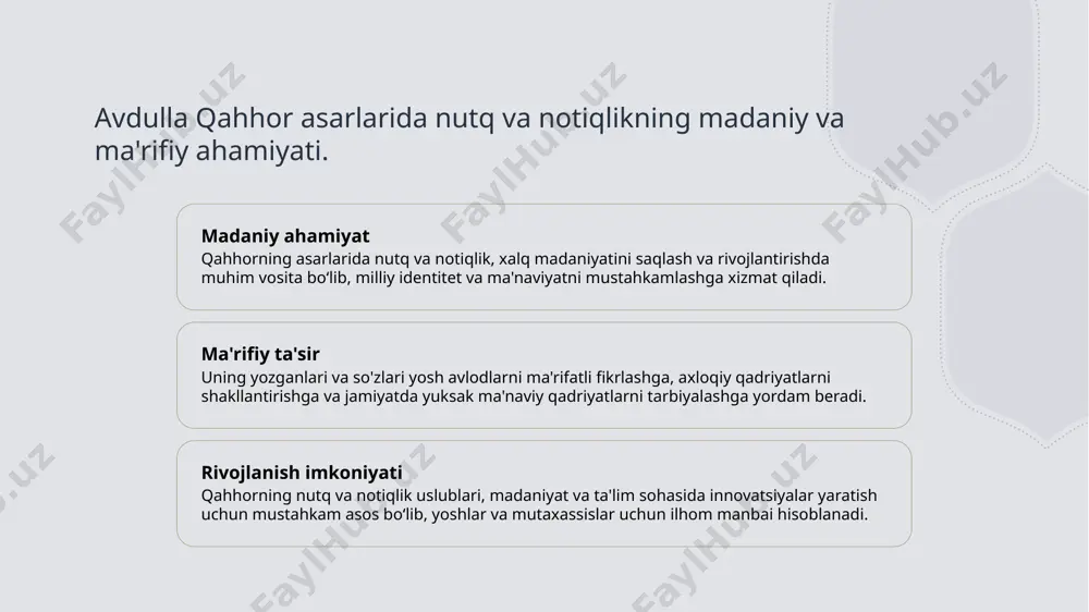 qlari emotsional kuchga ega bo‘lib, xalqni ilhomlantiradi, ularning ma’naviy dunyosini boyitadi va madaniyat va ma’rifat rivojiga katta ta'sir ko‘rsatadi. qahhor asarlarida nutq va notiqlikning zamonaviy ta'limdagi o'rni va ahamiyati nutq va notiqlikning ta'limdagi roli madaniy meros va zamonaviylik ma'rifat va madaniyatni rivojlantirish qahhor asarlarida nutq va notiqlik mahorati yoshlar uchun muhim pedagogik vosita bo‘lib, ularni fikrni aniq va ta'sirli yetkazishga o‘rgatadi, kommunikatsiya qobiliyatlarini rivojlantiradi. qahhorning nutqlari va oratorlik uslublari, zamonaviy ta'limda milliy madaniyat va an'analarni saqlash va rivojlantirishda muhim ahamiyat kasb etadi, yoshlar ongini kengaytiradi. ularning nutq uslublari orqali talaba va o‘quvchilar madaniyat va ma'rifatga qiziqish bilan yondashadi, milliy identitet va fikrlash qobiliyatlari mustahkamlanadi. avdulla qahhorning nutq uslublarida milliy identitet va kommunikatsiya qobiliyatlari 1 milliy identitetning ifodasi qahhorning nutq uslublari milliy qadriyatlar va madaniyatni aks ettiradi. u o'z nutqlarida milliy til va an'analarga e'tibor qaratgan. 2 kommunikatsiya qobiliyatlari u o'zining nutqida aniq va ta'sirli uslublar bilan fikrlarni etkazishda yuqori kommunikatsiya …