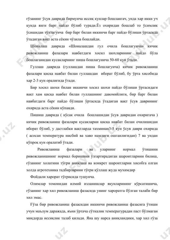 и. агар ғўзанинг бирорта ривожланиш фазасини ўтиш давридаги барча ўртача сўткалик фойдали харорат якунланса, шу ривожланиш фазаси учун зарур бўлган фойдали харорат йиғиндиси келиб чиқади. у ёки бу ривожланиш фазасининг ўтиши ва тугалланиши учун зарур бўлган фойдали харорат йиғиндиси ғза навига қараб турлича бўлади. ғўзанинг у ёки бу ривожланиш фазасини ўтиши учун талаб қиладиган харорат кучининг пастки чегараси констант в, у ёки бу ривожланиш фазасини тугаллаш учун зарур миқдордаги фойдали харорат йиғиндиси констант а деб аталган. ўрта толали ғўза навларида ривожланиш фазаларининг ўтиши учун зарур бўлган фойдали харорат йиғиндиси жадвал ғўза навларининг тезпишарлик даражаси фойдали харорат йиғиндиси, чигит экишдан: гуллашдан ўсимликнинг 50%дан хосил пишишигача зарур бўлган чигит экишдан ўсимликнинг 50% даги хосил етилгунча зарур майсалар кўрингун-ча шона-лашга-ча гуллаш-гача фойдали ха- рорат йиғин-диси бўлган жами харорат йиғндиси тезпишар 84 485 900 660 1560 ўрта тезпишар 84 500 950 675-685 1625-1635 кечпишар 84 500 1050-1200 720-800 1770-200 адабиётлар: 1.и.а.каримов «қишлоқ хўжалиги тараққиёти …