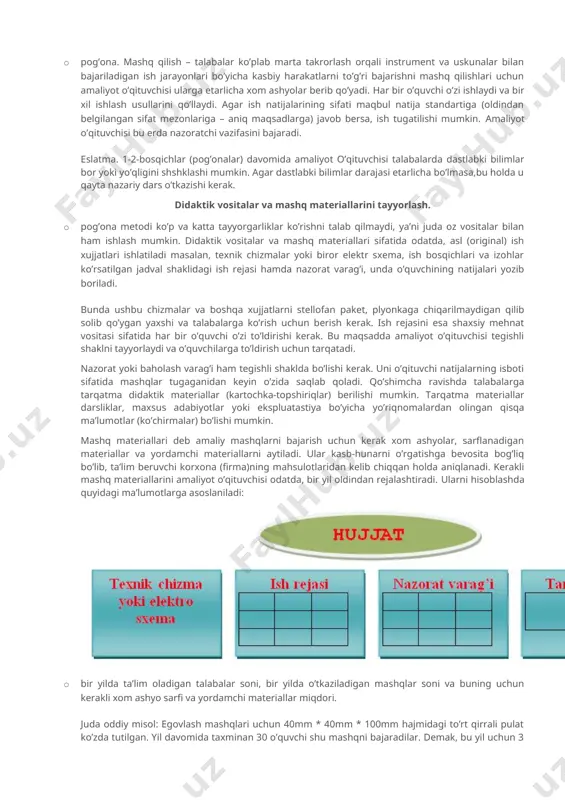 r bir harakatni 3 martadan namoyish qilib ko’rsatish tavsiya etiladi. ular quyidagicha bajariladi: · – namoyish oddiy tezlikda o’tkaziladi, talabalarda kasbiy harakatning amalda qanday bajarilishi to’g’risida to’la va haqiqiy tasavvur paydo bo’lishi uchun. · – namoyish atayin sekin tezlikda o’tkaziladi, har bir bosqichni alohida va o’ziga xos xususiyatlarini yaxshiroq ko’rsatish hamda mehnat xavfsizligi qoidalarini tushuntirish uchun. · – namoyish oddiy tezlikda o’tkaziladi, ishni bajarish harakati ko’nikmasini yana bir marta to’la ravishda ko’rsatish va o’quvchilarda «ichki sur’at» ya’ni, harakatni bajarish usuli, tartibi, ketma-ketligi, tezligi to’g’risida aniq tasavvur paydo bo’lishi uchun. namoyish qilayotgan paytda amaliyot o’qituvchisi har bir harakatini izohlab boradi. shundan so’ng bevosita instruktaj qismi tugaydi. · pog’ona. ko’rsatilgan tarzda qaytarish – taqlid (imitastiya)yu bu pog’onada talabalarning har biri amaliyot o’qituvchisining harakatlarini u ko’rsatgan tarzda qaytarishlari kerak. talabalar ishlayotgan paytda amaliyot o’qituvchisi o’z fikrini bildiradi, yaxshi ishni maqtab yomon ishni tanqid qiladi va nima qilishni yana bir marta ko’rsatadi. hamma talabalar …