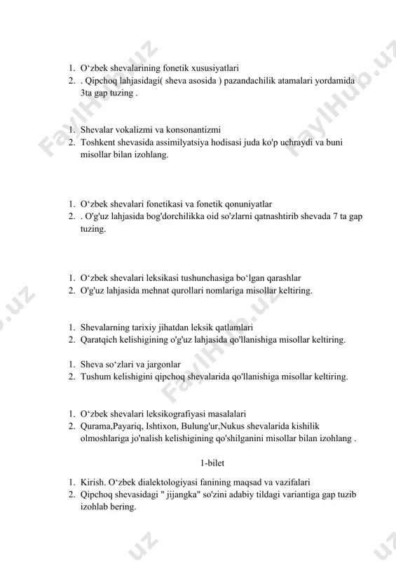 lik olmoshlariga jo'nalish kelishigining qo'shilganini misollar bilan izohlang . 1-bilet 1. kirish. o‘zbek dialektologiyasi fanining maqsad va vazifalari 2. qipchoq shevasidagi " jijangka" so'zini adabiy tildagi variantiga gap tuzib izohlab bering. 1. o‘zbek shevalarini tasniflashda yetakchi tamoyillar 2. o'g'uz shevasida qarindoshlikni bildiruvchi so'zlarni yozing va ular ishtirokida gaplar tuzing. 1. fanning boshqa fanlar bilan o‘zaro bog‘liqligi 2. farg'ona shevasidagi " patinjon " so'zini so'zini izohlab gap tuzing. 1. o‘zbek shevalari tasnifi 2. oshxona anjomlarini o'g'uz shevasida izohlang va gap tuzing. 1. o‘zbek shevalarining tarqalish hududlari 2. xorazm shevasida dissimilatsiya hodisasiga uchragan so'zlarga misollar keltiring. 1. transkripsiya 2. yubordi, tog',yo'l so'zlarini qipchoq shevasindagi variantini topib gaplar tuzing. 1. turkiy tillar va shevalarni o‘rganishda m.koshg‘ariyning “devoni lug‘otit turk” asarining ahamiyati 2. assimilyatsiya hodisasini shevalarda qóllanishiga misollar yozing. 1. o‘zbek shevalarining fonetik xususiyatlari 2. dissimilyatsiya hodisasini shevalarda qôllanishiga misollar yozing. 1. shevalar vokalizmi va konsonantizmi 2. qo'shni, qarg'a, suyak, qumursqa, lof kabi sôzlarni …