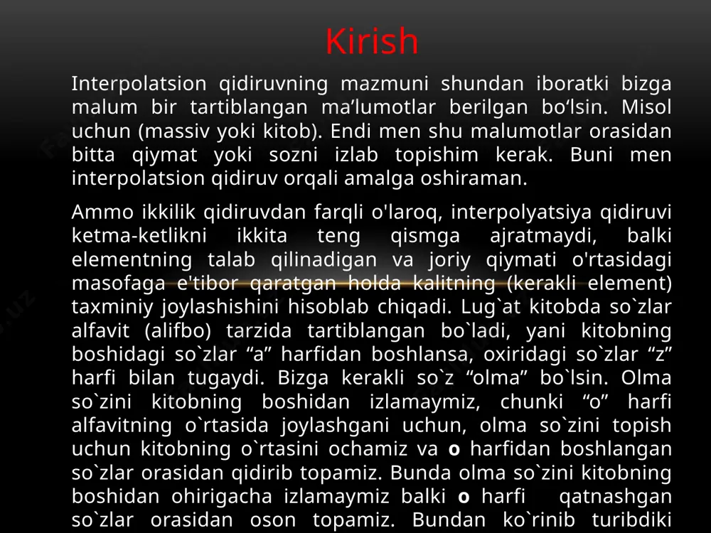 lumotlarni indekslashi va onlayn ravishda yangilanishi mumkin . biroq, diskda ma'lum tartiblangan, lekin indekslanmagan ma'lumotlar to'plamini qidirishga majbur bo'lganda, interpolyatsiya qidiruvi foydali bo'lishi mumkin. c++ da dastur ko`rinishi #include using namespace std; int main() { int myarray [] { 1, 2, 4, 6, 7, 89, 123, 231, 1000, 1235 }; int x = 0; int a = 0; int b = 9; int whatfind = 123; bool found; for (found = false; (myarray[a] whatfind) && !found; ) { x = a + ((whatfind - myarray[a]) * (b - a)) / (myarray[b] - myarray[a]); if (myarray[x] whatfind) b = x - 1; else found = true; } if (myarray[a] == whatfind) cout << whatfind << " asos element " << a << endl; else if (myarray[b] == whatfind) cout << whatfind << " asaos element " << b << endl; else cout << "kechirasiz topilmadi" << endl; return 0; } natija …