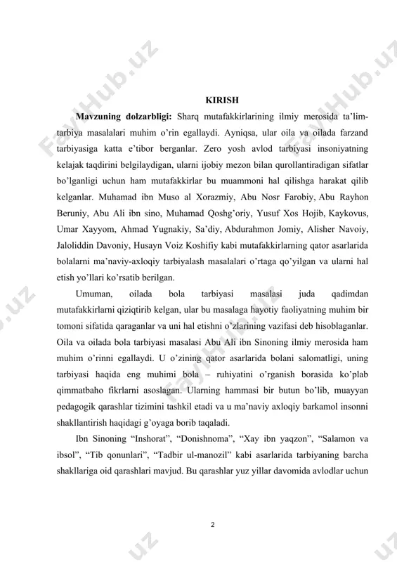 ning tarbiyasi haqida eng muhimi bola – ruhiyatini o’rganish borasida ko’plab qimmatbaho fikrlarni asoslagan. ularning hammasi bir butun bo’lib, muayyan pedagogik qarashlar tizimini tashkil etadi va u ma’naviy axloqiy barkamol insonni shakllantirish haqidagi g’oyaga borib taqaladi. ibn sinoning “inshorat”, “donishnoma”, “xay ibn yaqzon”, “salamon va ibsol”, “tib qonunlari”, “tadbir ul-manozil” kabi asarlarida tarbiyaning barcha shakllariga oid qarashlari mavjud. bu qarashlar yuz yillar davomida avlodlar uchun tarbiyalash maktabi bo’lib kelmoqda. masalan, uning “tadbir ul-manozil” nomli asarida katta bir bob oila va oilaviy tarbiya masalasiga bag’ishlangandir. ibn sino oilada bola tarbiyasi ancha murakkab va nozik bo’lib, uni bolaning yoshligidan boshlash va izchillik bilan olib borish lozimligini uqtiradi. u ona allasining tarbiyaviy ahamiyati haqida to’xtalib “alla” ikki vazifani bajaradi, deydi. birinchisi, uni tebratish orqali bolaga jismoniy orom bag’ishlanadi; ikkinchisi, beshikni bir maromda tebratishdan onaning mehri jo’sh uradi, bolasiga bo’lgan muhabbatidan onaning orzu-umidi yurak to’ridan siqilib chiqaradi. bu o’ziga qo’shiq bolasiga qasidadek yangraydi va …