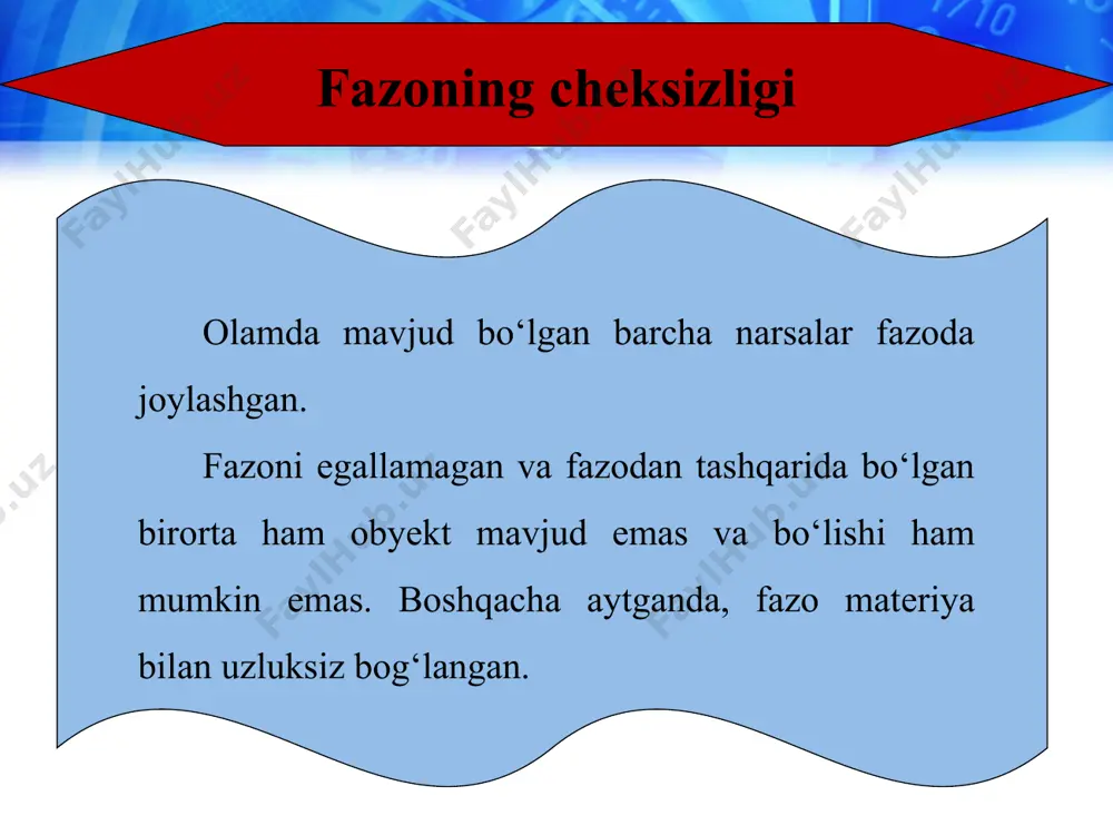 qilib ko‘ring. demak, fazo cheksiz. fazoni uch o‘lchamli koordinatalarda tasvirlash tekis to‘g‘ri yo‘lda ketayotgan avtomobil harakatini chizmada ifodalash uchun masshtabi ko‘rsatilgan bitta to‘g‘ri chiziq yetarli (5-rasm). temiryo‘lning to‘g‘ri chiziqli qismidagi poyezdning harakatini ifodalashga ham bir o‘lchamli koordinata o‘qi kerak. bunda harakatlanayotgan jism o‘ng yoki chapga, shuningdek, yuqori yoki pastga harakatlanmaganligi sababli qo‘shimcha koordinata o‘qlariga hojat yo‘q, uning harakatini bir o‘lchamli koordinatalarda tasvirlashning o‘zi yetarli. to‘g‘ri yo‘lda ketayotgan avtomobil chorrahaga kelganida chapga yoki o‘ngga burilishi, ya’ni to‘g‘ri chiziqli harakatidan chetlashi mumkin. yer sirtini katta bo‘lmagan masofalarda tekislik deb olsak, shu tekislikda odam, velosiped, avtomobillarning harakatini tasvirlash uchun ikki o‘lchamli koordinatalar kerak bo‘ladi. demak, tekislikda vaziyati o‘zgarayotgan jismning harakatini, masalan, avtomobilning harakatini koordinatalar tekisligida tasvirlash qulay (6-rasm). qush yerda, ya’ni tekislikda yurishi, yoki osmonda, ya’ni fazoda uchishi mumkin. uning yerdagi harakatini ikki o‘lchamli, osmondagi parvozini esa uch o‘lchamli koordinatada ifodalash qulay. samolyot parvozi harakat yo‘nalishiga nisbatan tanlab olingan uch o‘lchamli koordinatalar sistemasida …