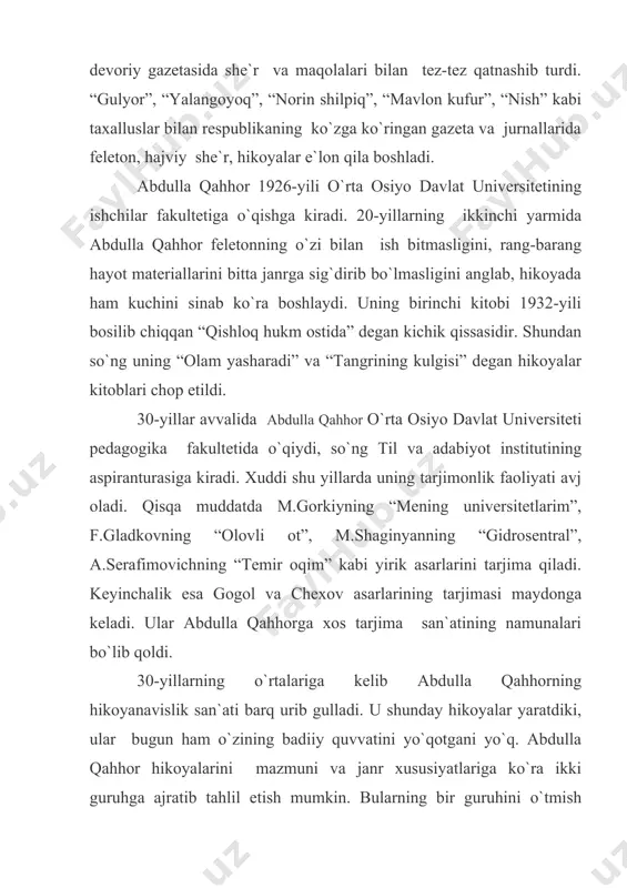 ibor bilan ayrim-ayrim hikoyalardan tashkil topgan. shuning uchun ularni ham adibning o`tmish haqidagi asarlari qatorida tahlil qilish mumkin. abdulla qahhorning ikkinchi guruh hikoyalari mazmuni va materialiga ko`ra zamonaviy hikoyalardir. ularni ham, o`z navbatida ikki toifaga ajratish mumkin. bularning bir toifasi hajviy, ikkinchi guruh hikoyalari mazmuni va materialiga ko`ra zamonaviy hikoyalardir. ularni ham o`z navbatida, ikkinchi toifaga ajratish mumkin. bularning bir toifasi hajviy, ikkinchi toifa hikoyalar esa, izchil reolistik uslubda yozilgan asarlar. “mayiz yemagan xotin”, “jonfig`on”, “munofiq”, “adabiyot muallimi”, “san`atkor”, “o`jar”, “qizlar” kabi hikoyalari hajviy yo`nalishga mansub bo`lsa, “ko`k konvert”, “qizil konvert”, “kampirlar sim qoqdi”, “xotinlar”, “asror bobo”, “beshik”, “mahalla”, “nurli cho`qqilar” kabi hikoyalari esa realistik yo`nalishga mansub. abdulla qahhor yaratgan hikoyalar son jihatdan uncha ko`p bo`lmasa-da, badiiy saviyasi jihatidan shu qadar salmoqliki, bu sohada adib orttirgan ijodiy-estetik tajriba shunchalik kattaki, hech ikkilanmay hikoyanavislikda abdulla qahhor maktabi mavjud ekani haqida gapirish mumkin. bu maktab bugun ham faol amal qilmoqda. abdulla qahhor …