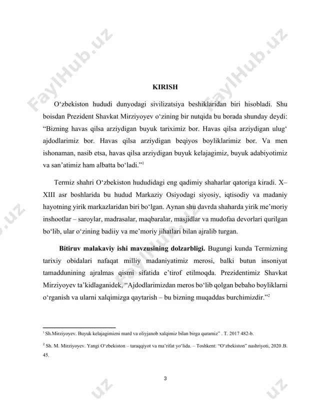 . 47.] bitiruv malakaviy ishining o’rganilish darajasi. termizning x–xiii asr boshlaridagi me’morchilik tarixi ilmiy adabiyotlarda alohida o‘ringa ega bo‘lib, bu boradagi tadqiqotlar xx asrning o‘rtalaridan boshlab jadal rivojlandi. jumladan, mashhur arxeolog olimlar ya.g. gulyamov, m.e. masson va l.i. albaumlar tomonidan surxondaryo vohasining qadimiy shaharlarida, xususan termizda tizimli ravishda arxeologik qazishma ishlari olib borilgan. ushbu tadqiqotlar natijasida termizning qadimgi va o‘rta asrlar davridagi madaniy qatlamlari ochilgan, shaharning hududiy tuzilishi, aholi yashash joylari, ibodatxonalar, saroylar va boshqa muhim inshootlar o‘rganilgan. ayniqsa, l.i. albaum tomonidan o‘rganilgan qirqqiz saroyi, fayoztepa, zurmala stupasi, kampirtepa kabi yodgorliklar termiz me’morchiligining yuksak rivojlanganligini ko‘rsatadi shuningdek, termizdan chiqqan mashhur mutasavvif olim al-hakim at-termiziy maqbarasi ham diniy me’morchilik namunasi sifatida bir qancha ilmiy tadqiqotlarga asos bo‘lgan. biroq termizning aynan x–xiii asr boshlariga oid me’moriy rivojlanish bosqichlari, inshootlarning ijtimoiy va siyosiy hayotdagi o‘rni hali to‘liq yoritilmagan. shu bois mazkur mavzuni chuqurroq o‘rganish ilmiy jihatdan dolzarb hisoblanadi. bitiruv malakaviy ishining maqsad va …