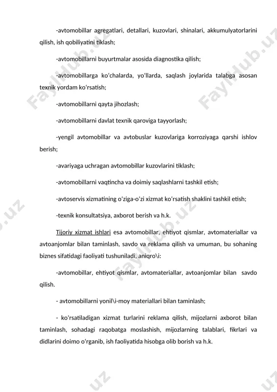 uksiz ishlab turishini talab etgan. vaholanki, sobiq davlatimizda avtoservisning paydo bо‘lishi va rivojlanishi asosan fuqarolarning avtomobillarga ega bо‘lishi bilangina bo\liq bо‘lgan. davlat siyosati, hamma sohada bо‘lganidek, avtomobil transportida ham asosan jamoat transportini rivojlantirishga qaratilgan edi. shaxsiy, fuqarolar transporti ikkinchi darajali hisoblanar va uning transport sistemasidagi о‘rni qadrlanmas, unga xizmat kо‘rsatish avtomobil egalarining о‘z muammolari bо‘lib qolgan edi. avtomobillarga texnik xizmat kо‘rsatuvchi korxonalar mamlakatni faqat yirik va markaziy shaharlaridagina bо‘lib, ular asosan chet el sayohatchilari va elchixonalari avtomobillarga xizmat qilar edi. faqat 60-yillarning ikkinchi yarmidan boshlab maxsus, aholi avtomobillariga xizmat kо‘rsatuvchi korxonalar tashkil qilinib, ishga tushirila boshladi. 1968 yilda xukumatning “fuqarolar avtomobillariga texnik xizmat kо‘rsatishni tashkil etish” tо‘\risidagi qarori bu sohaga davlat ahamiyatiga ega masala sifatida yondoshish boshlanganidan darak berdi. aholi avtomobil parki ham, ayniqsa, 1970 yillardan boshlab, tez suratlar bilan о‘sa boshladi. о‘sha paytdagi statistik malumotlarga qaraganda, aholining avtomobillashgani, yani har bir 1000 kishiga tо‘\ri keladigan avtomobillar soni mamlakatimizda quyidagicha …