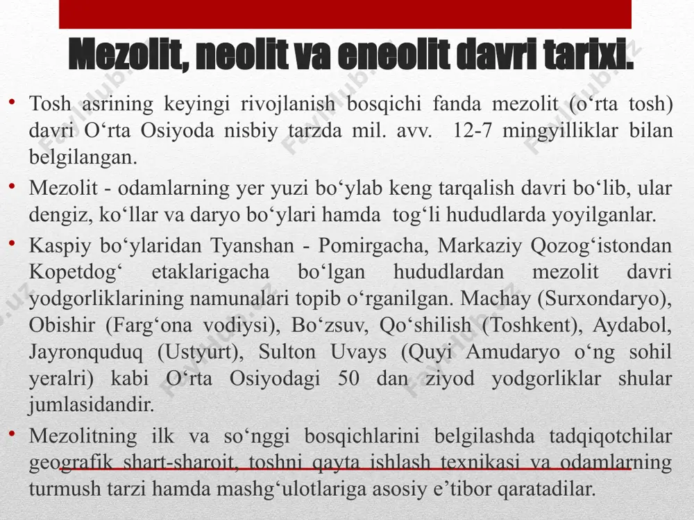 a, sersuv daryolar vodiylarida shahar-davlatlar paydo bo‘ldi. bu yerda qulay tabiiy sharoitdan tashqari, ijtimoiy-iqtisodiy rivojlanish ham ishlab chiqaruvchi kuchlar taraqqiyotining umumiy rivojini tezlashtirishga imkon bergan. qabilalarning ijtimoiy, iqtisodiy va madaniy taraqqiyoti bir xil darajada bo‘lmagan. neolit davri qabilalari orasida vujudga kelgan iqtisodiy va madaniy notekislik eneolit zamonida ancha kuchaydi. mazkur davrda yevropa va osiyo aholisi xilma-xil xo‘jalik turlari bilan ajralib turgan. shu asosda ishlab chiqaruvchi kuchlar va ishlab chiqarish munosabatlari taraqqiy etgan. o‘rta osiyo janubiy hududlarida quyidagi yangi tarixiy-madaniy jarayonlar eneolit davri bilan bog‘liqdir: xo‘jalikning boshqa shakllariga nisbatan dehqonchilikning ustunlik qilishi, sun’iy sug‘orishning vujudga kelishi; toshdan ishlangan qurollar mavjud bo‘lgan holda mis qurollarning paydo bo‘lishi; katta-katta jamoalarning uy-joylari, me’morchilikda rejaga amal qilinishi; kulolchilikning muhim yutug‘i - xumdonlarning paydo bo‘lishi; o‘troq xo‘jaligining rivojlanishi, yirik manzilgohlarning vujudga kelishi, jamoa birlashmalarining katta uylari va qurilishda xom g‘ishtdan foydalanilishi; turli hayvonlarning loydan yasalgan va ona urug‘i tuzumiga (matriarxatga) xos ayol haykalchalarining yasalishi; rangdor sopol …