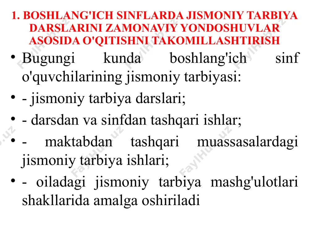 da sinf dars o‘tilgan joydan chiqib ketiladi. dars kismlarining to‘g‘ri tashkil etilishi darsning uzluksizligini va samaradorligini ta'minlashga katta imkoniyatlar yaratib beradi 3.jismoniy tarbiya darslarini pedagogik vazifalariga ko‘ra turlanishidir. jismoniy tarbiya darslarini takomillashtirishning yana bir usuli, jismoniy tarbiya darslarini pedagogik vazifalariga ko‘ra turlanishidir. jismoniy tarbiya darslarini samarali tashkil etishda, ta'lim-tarbiya va sog‘lomlashtirishning pedagogik vazifalariga ko‘ra jismoniy tarbiya darslari, “kirish darslari”, “yangi materiallarni o‘zlashtirish darslari”, “aralash darslar”, “takomillashtirish darslari”, “nazorat darslar” “yakuniy darslar” deb turlanadi. kirish darslari – o‘quv yilining, choraklarning birinchi, shuningdek, o‘quv choragi uchun rejalashtirilgan dasturning yangi bo‘limi boshlanishidagi darslardan iborat. ular ma'ruza, suhbat, muloqot tarzida ham tashkil etilishi mumkin. bunda o‘qituvchi, masalan, o‘quv dasturi talablari haqida, o‘quvchilarga o‘quv yilida qilinadigan ishlar, talablar haqida ma'lumot berishi mumkin. yangi materialni o‘zlashtirish darsi – o‘quv dasturining yangi mavzulari o‘zida mujassamlashtiradi, oldingi o‘qitilgan darslarning mavzularini nihoyasi bilan bog‘lanadi. aralash darslar – amalda eng ko‘p qo‘llaniladigan tur hisoblanadi. aralash dars mazmuniga ko‘ra tushuntirish, o‘rgatish, …