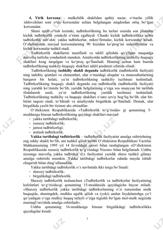 riladi; foydalanish huquqi deganda mol-mulkning foydali xossalarini topish, ularni amalda qo‘llab, samara yoki daromad olish imkoniyati tushiniladi; 2. operativ boshqaruv huquqiga asoslangan korxona: opera​tiv boshqaruv huquqi deganda mulkdor bilan korxona, (korxonalar) o‘rtasida unga biriktirib qo‘yilgan mol-mulkka egailk qilish, undan foy​dalanish va uni tasarruf etish bo‘yicha yuridik tartib-qoidalar tushini​ladi. tadbirkorlik, shuningdek, aralash mulkka asoslangan bo‘lishi ham mumkin. masalan, ayrim davlat korxonalarida xususiy mulk, ayrim aksiyadorlik jamiyatlarida esa davlat mulki ishtirok etadi, ayrim qo‘shma korxonalar ham aralash mulk shakllariga asoslangan. shuni tahkidlab o‘tish joizki, mulkni davlat tasarrufidan chiqarish va xususiylashtirish natijasida uning asosiy qismi xususiy sektorda mu-jassamlangan. hozirgi paytda respublikada mavjud korxonalarning 95 foizidan ko‘prog‘i xususiy mulkka va faqat 5 foiziga yaqini davlat (om​maviy) mulkka asoslangandir. tadbirkorlik sub’ektlari faoliyat miqyosiga ko‘ra ham turlarga bo‘linadi: kichik, o‘rta, yirik tadbirkorlik. tadbirkorlikni bunday tur​larga ajratishda asosiy mezon sifatida ishlovchilarning o‘rtacha yillik soni olingan. ana shu mezon bo‘yicha respublikada korxonalar quyidagi turlarga bo‘linadi. 1. mikrofirma — …