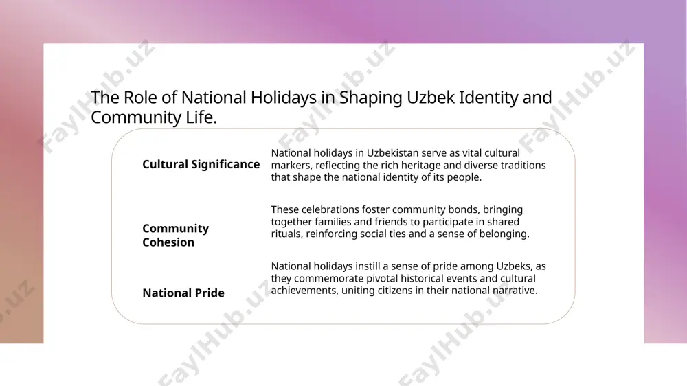 ancing a sense of belonging, ultimately shaping the uzbek national character. thank you!