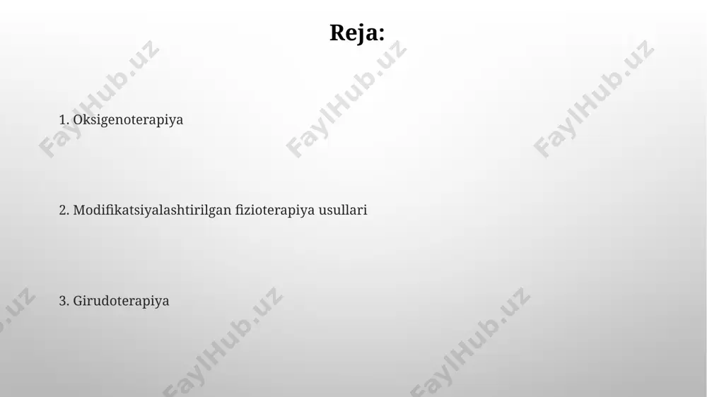 surunkali kasalliklarning ogʻir shakllari yoʻqligi va fizioterapiya muolajalariga nisbatan kontrendikatsiyalar mavjud emasligi talab etiladi. kislorod terapiyasi uchun bemorlarning arterial qon bosimi 140/90 mm hg dan yuqori boʻlmasligi, nafas olish tizimining ogʻir patologiyalari yoʻqligi muhim ahamiyatga ega. hirudoterapiya: ta'rifi va tarixi jahon sog'liqni saqlash tashkiloti ma'lumotlariga ko'ra, hirudoterapiya yurak-qon tomir kasalliklari, revmatizm va boshqa bir qator kasalliklarni davolashda samarali qo'llanilishi mumkin. hirudoterapiya yoki tibbiy zaluka qo‘llash usuli qadimgi misr, yunoniston va rimda miloddan avvalgi 1500 yildan beri qo‘llanib kelingan va ko‘plab kasalliklarni davolashda ishlatilgan. hirudoterapiyaning qo'llanilishi hirudo terapiyasi jarrohlik amaliyotidan keyingi shish va yallig'lanishni kamaytirishda, yaralarning tezroq bitishini ta'minlashda muhim rol o'ynaydi, bu jarayon 2-3 haftaga qisqaradi. hirudoterapiya tromboflebit, varikoz kengayishi va boshqa qon aylanishining buzilishi bilan bog'liq 10 dan ortiq kasalliklarni davolashda samarali qo'llaniladi, natijalar bemorlarning 80 foizida sezilarli yaxshilanishni ko'rsatadi. mumkin bo'lgan yon ta'sirlar va kontrendikatsiyalar kislorod terapiyasi yuqori konsentratsiyalarda (90% dan yuqori) o'pka to'qimalariga shikast yetkazishi va giperoksiyaga …