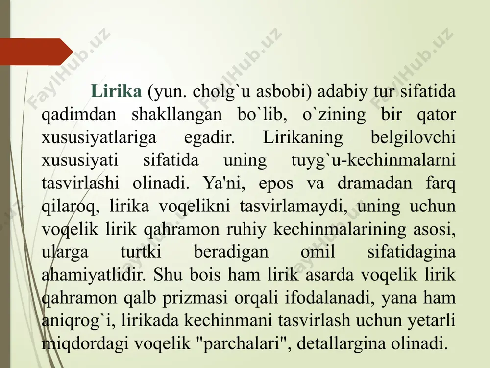 b topishi, ramali musaddasi maqsur vaznida yozilishi, ko`proq a-a-b-a tarzidagi va tajnisli qofiyaga ega bo`lishi bilan xaraktеrlanadi hozirgi shе'riyatda yaratilayotgan lirik asarlarni, agar ular mumtoz adabiyotimizdagi yoki xorijiy adabiyotlardan o`zlashgan janrlarda yozilmagan bo`lsa, umumiy nom bilan «shе'r», «lirik shе'r» dеb yuritiladi. hozirgi shе'riyatda qo`llaniluvchi janrlarni yuqoridagicha turlarga ajratar ekanmiz, biz ularning shakl xususiyatlariga, biroq, mumtoz adabiyotdagidan farqli o`laroq, ichki shakl xususiyatlariga tayanamiz. savol va topshiriqlar sheriy tizim nima? qaysi sh’er tizimlarini bilasiz? she’r nav’lari deganda nimani tushunasiz. “fununu-l-balog’a” asaridagi she’r qismlari va nav’larini keltiring. bir nav’ doirasidagi she’r shakllari qaysilar? arab-fors-turk adabiyotlarida lirik janrlar tasnifini keltiring. e’tiboringiz uchun katta rahmat image1.jpeg /docprops/thumbnail.jpeg
